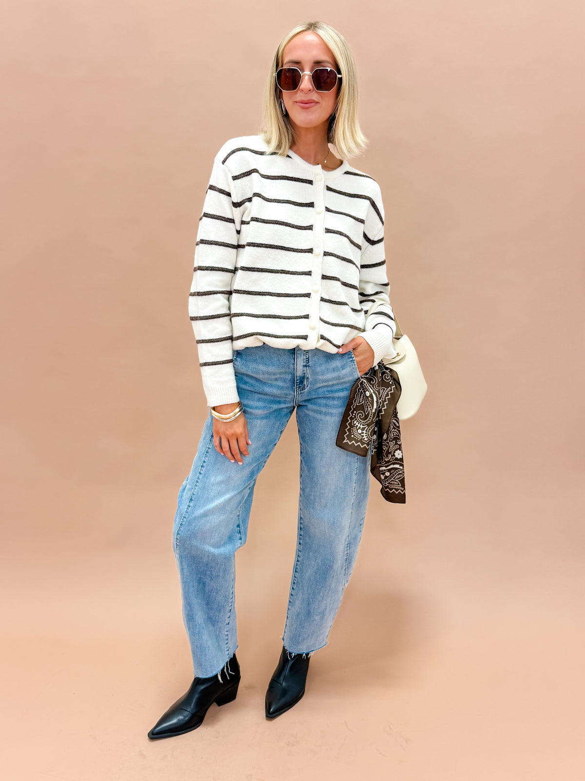 Fallon Striped Drawstring Hem Cardigan-Ivory/Brown