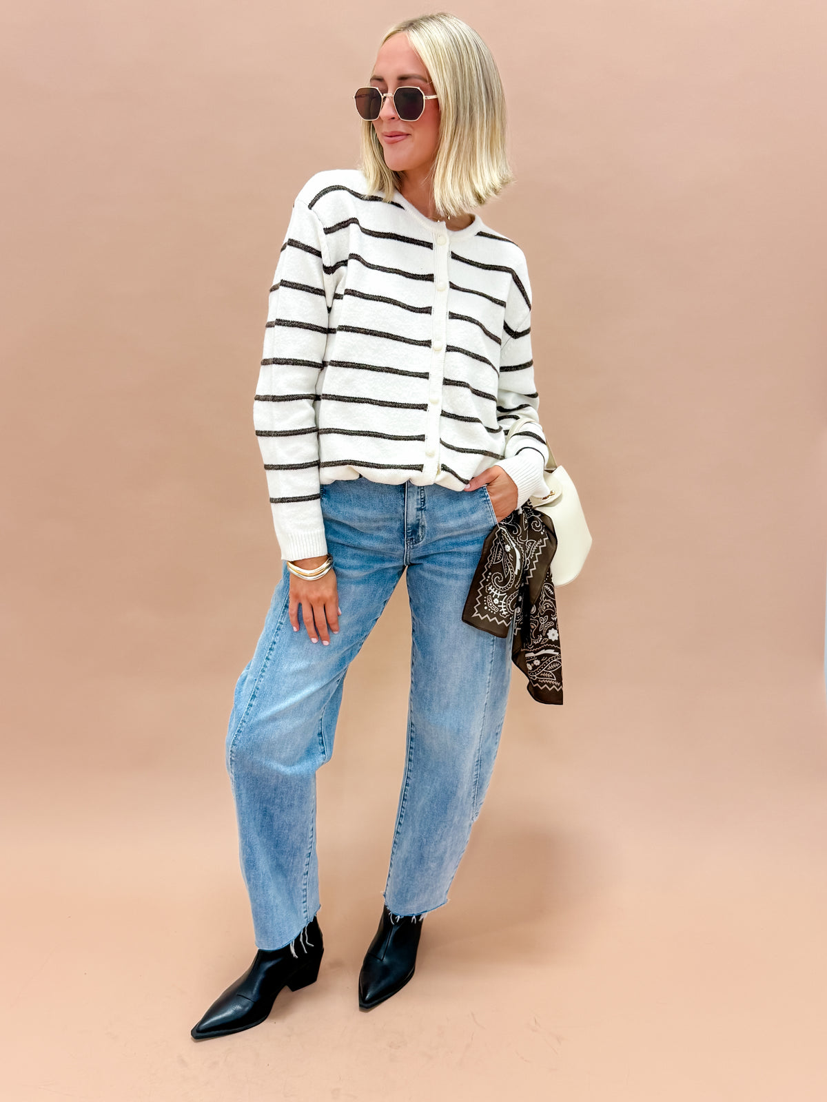Fallon Striped Drawstring Hem Cardigan-Ivory/Brown