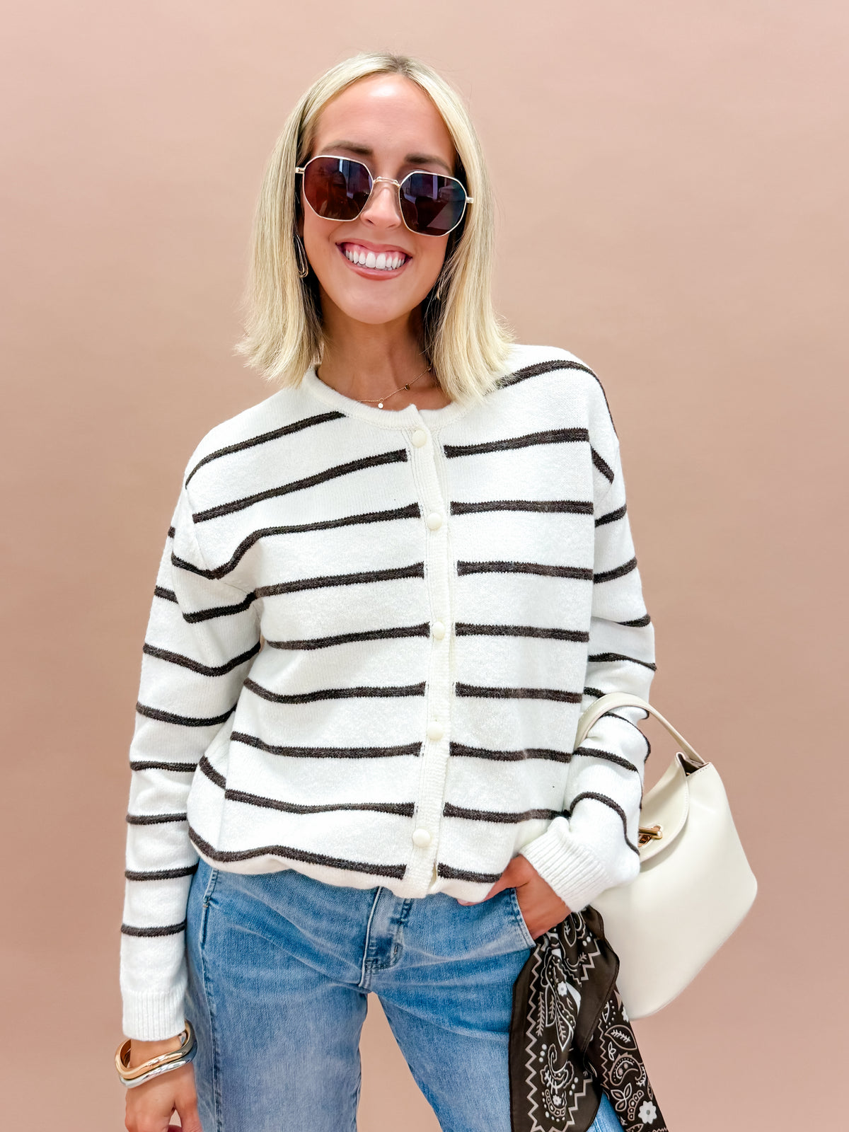 Fallon Striped Drawstring Hem Cardigan-Ivory/Brown