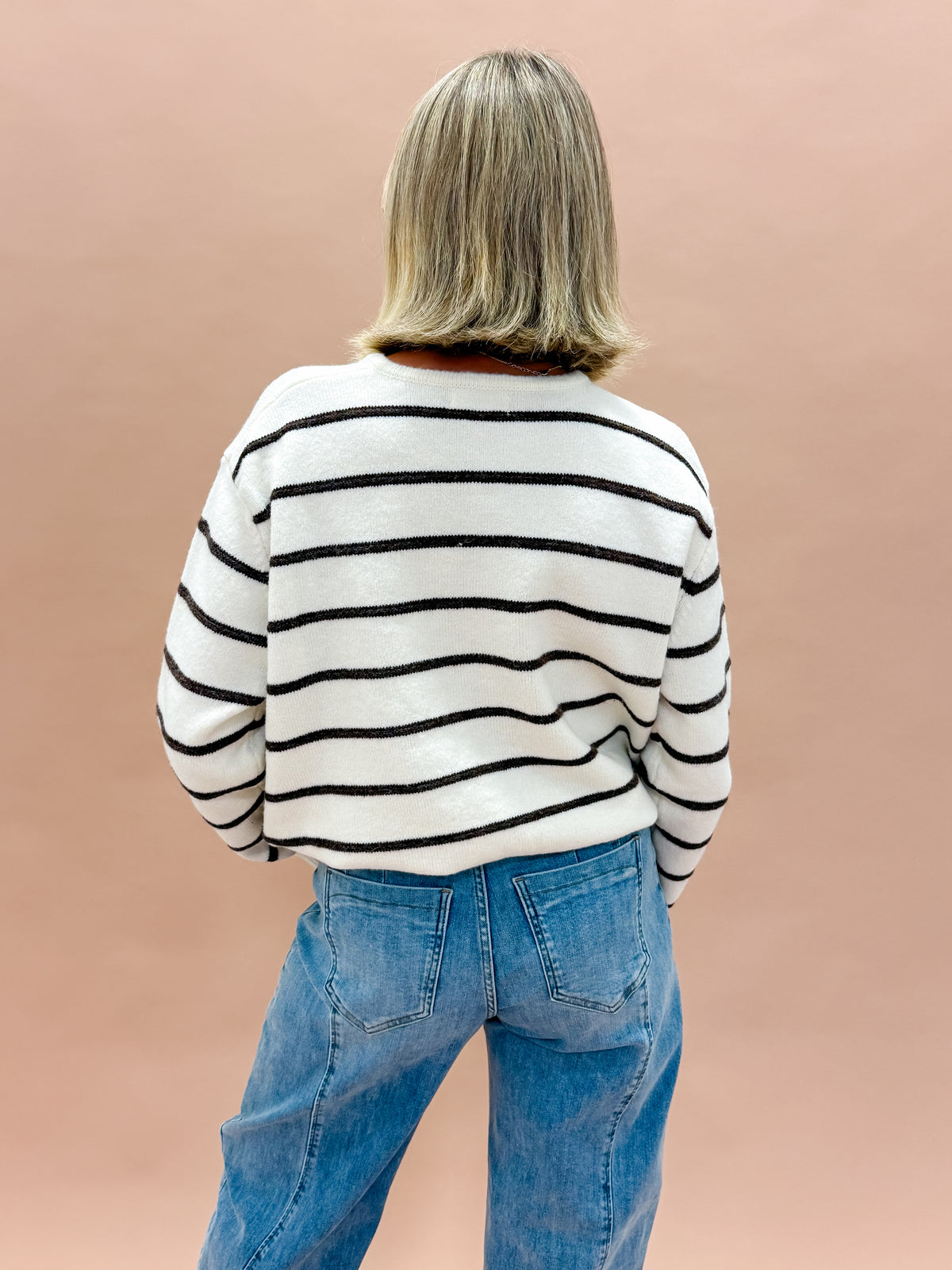 Fallon Striped Drawstring Hem Cardigan-Ivory/Brown