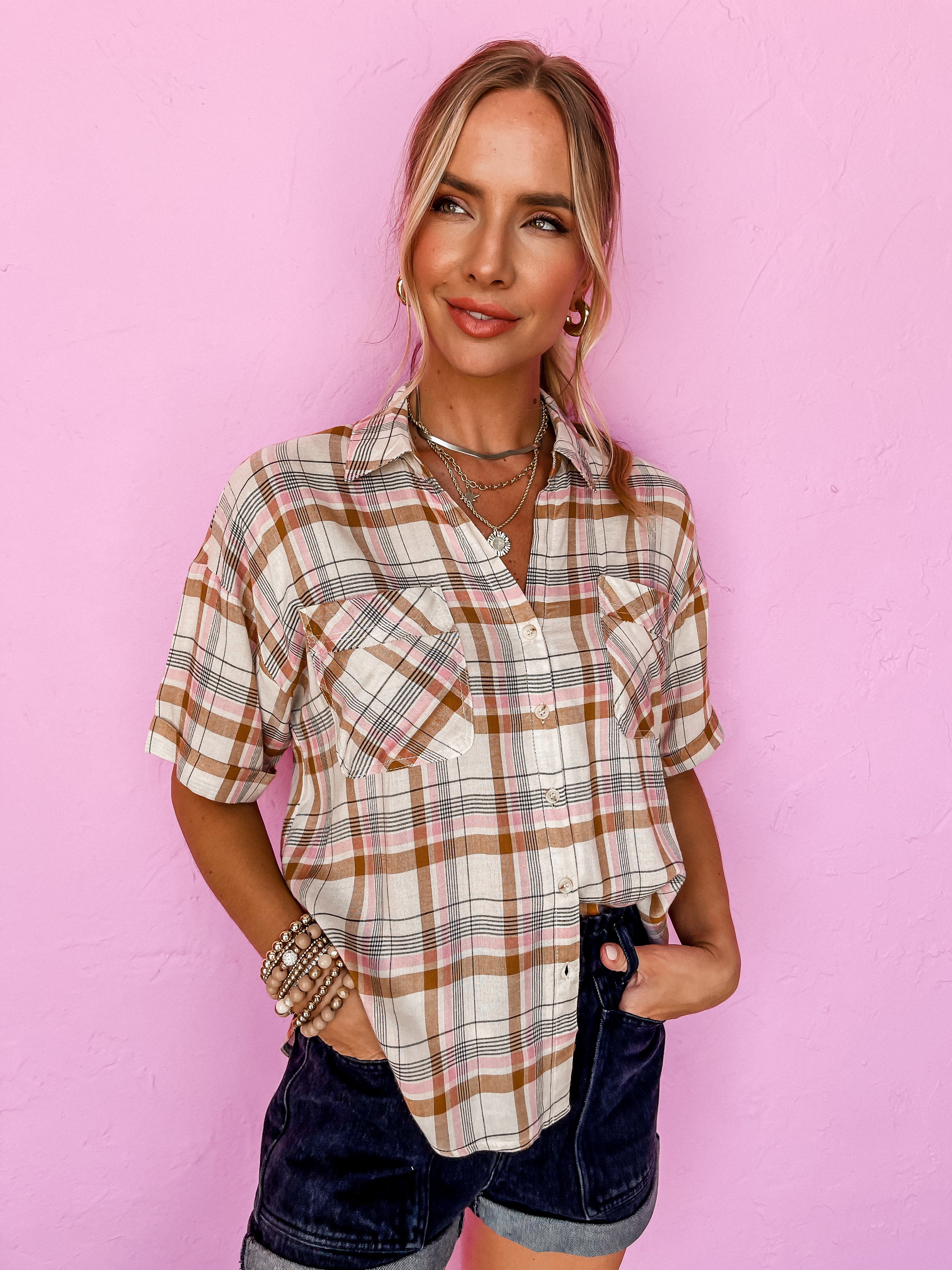 Feels Like Home Plaid Button Front Top