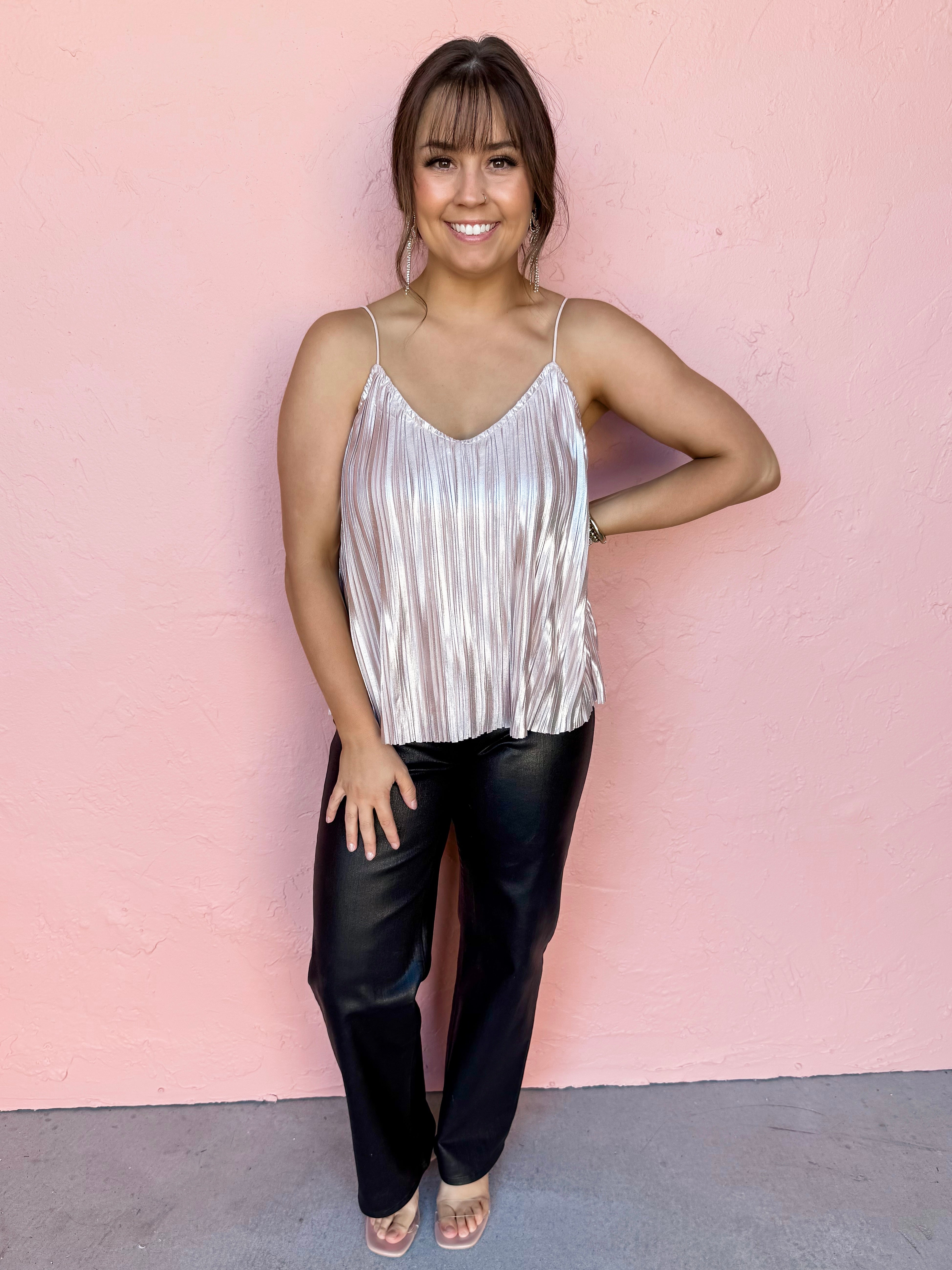 Finding My Way Pleated Metallic Cami Top-Pink