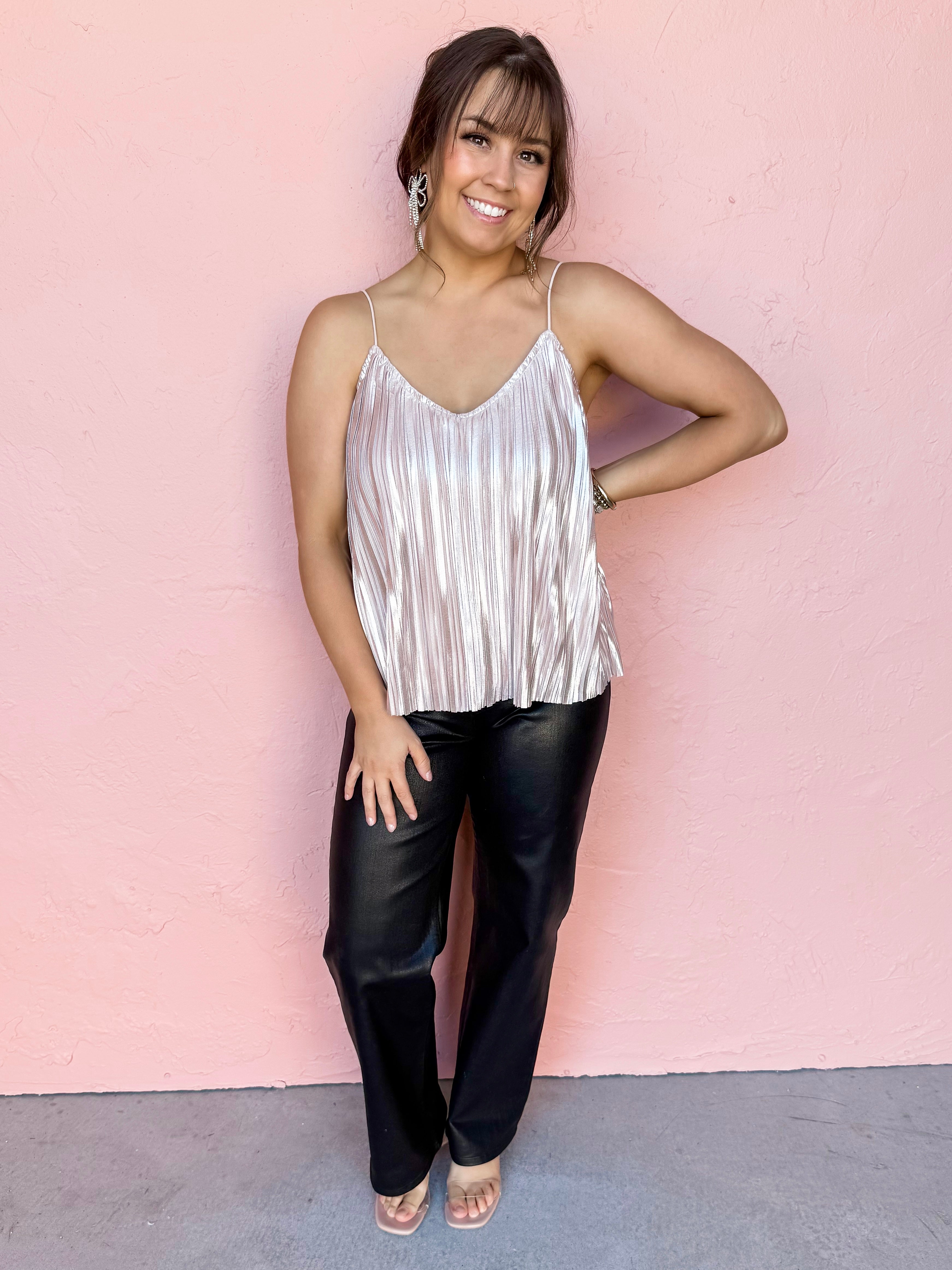 Finding My Way Pleated Metallic Cami Top-Pink