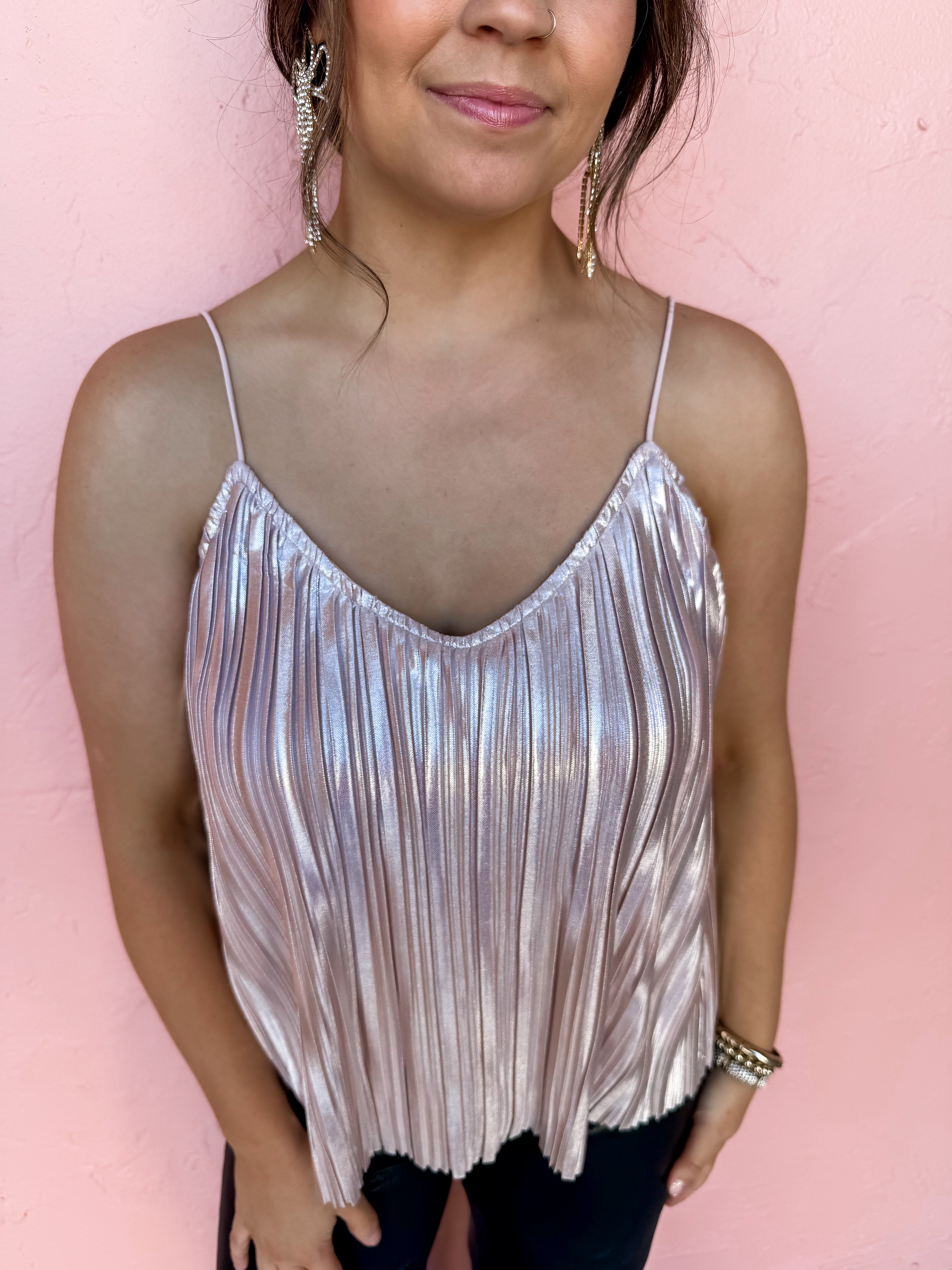 Finding My Way Pleated Metallic Cami Top-Pink