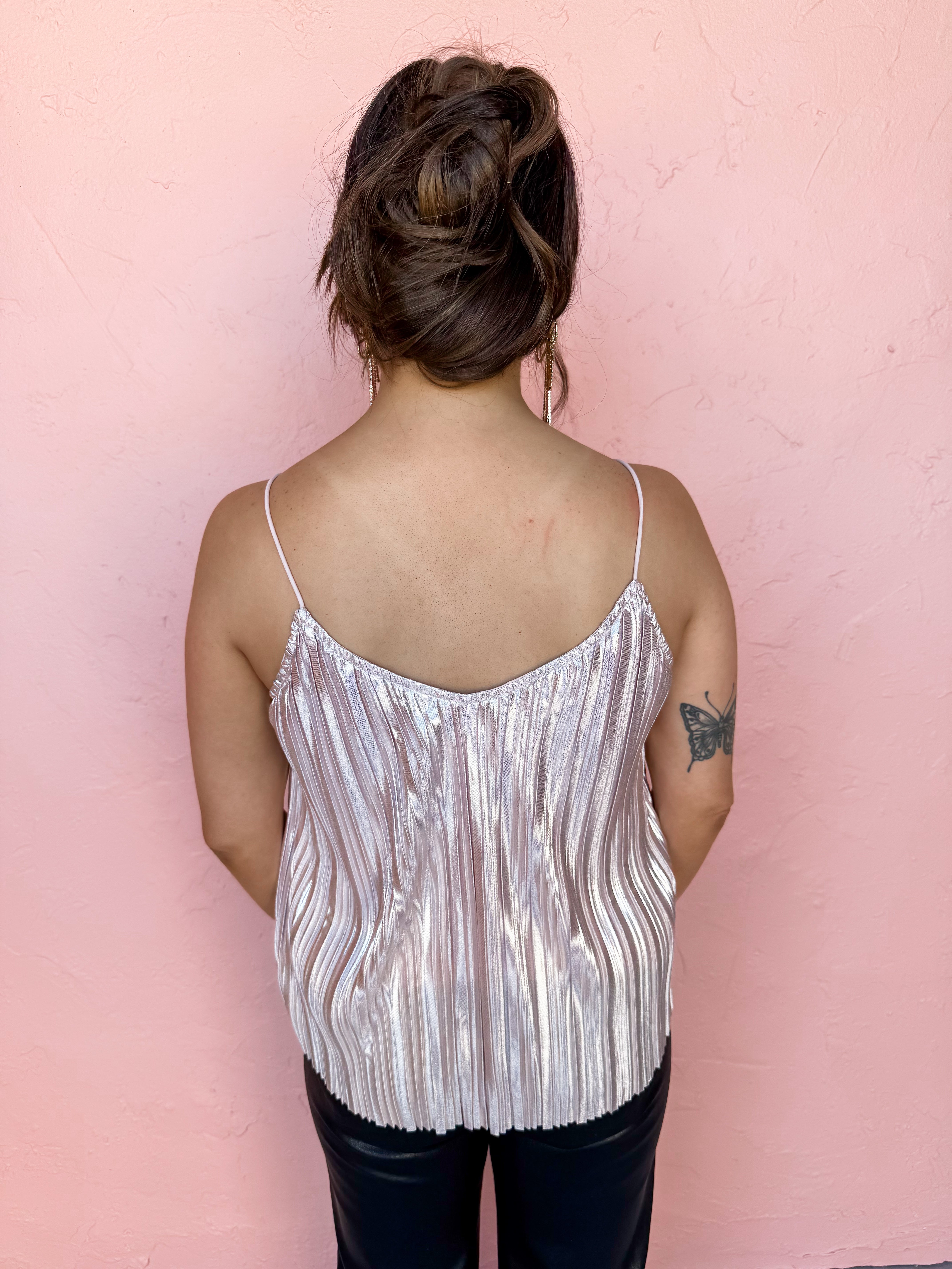 Finding My Way Pleated Metallic Cami Top-Pink