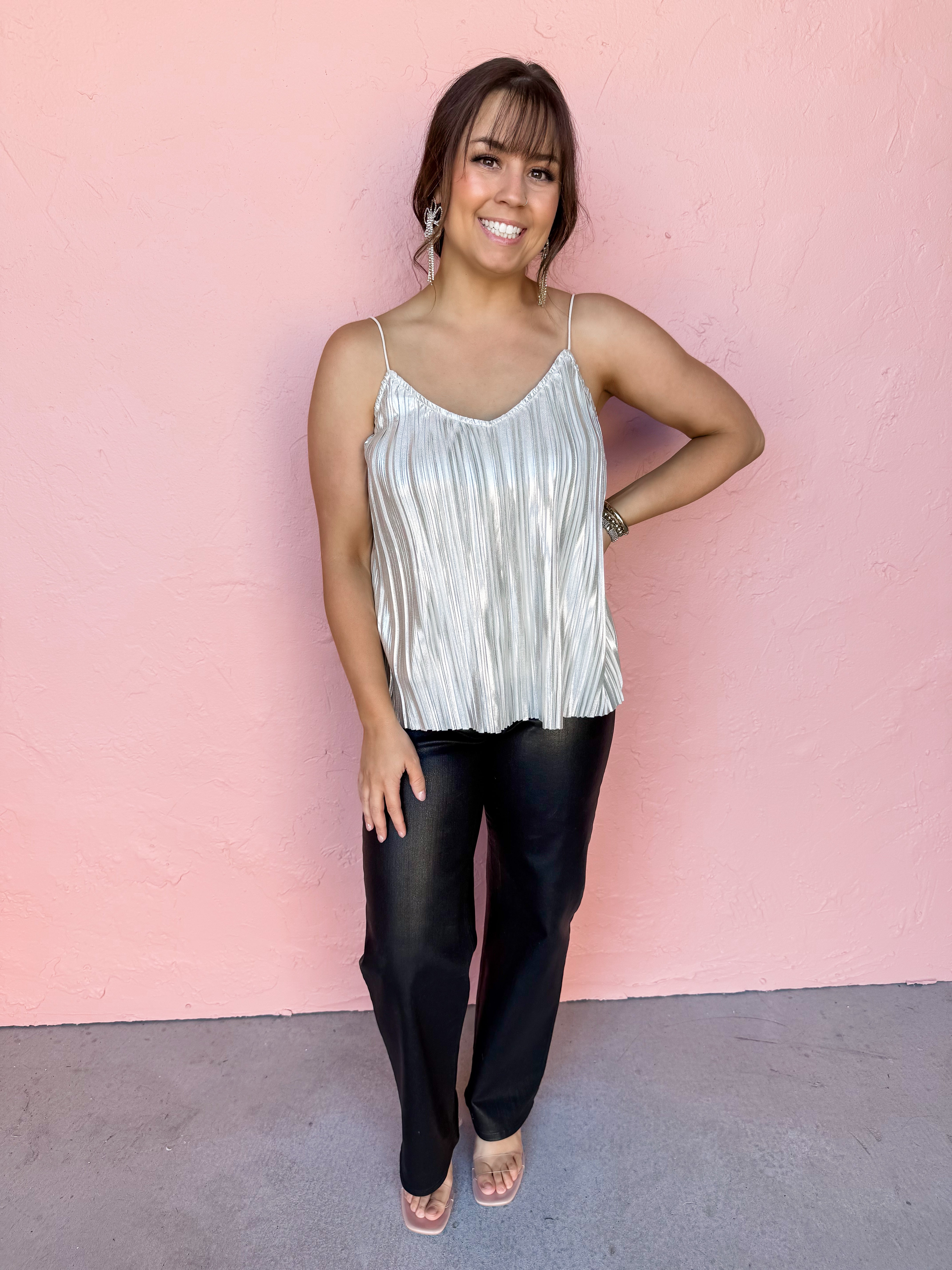 Finding My Way Pleated Metallic Cami Top-Silver