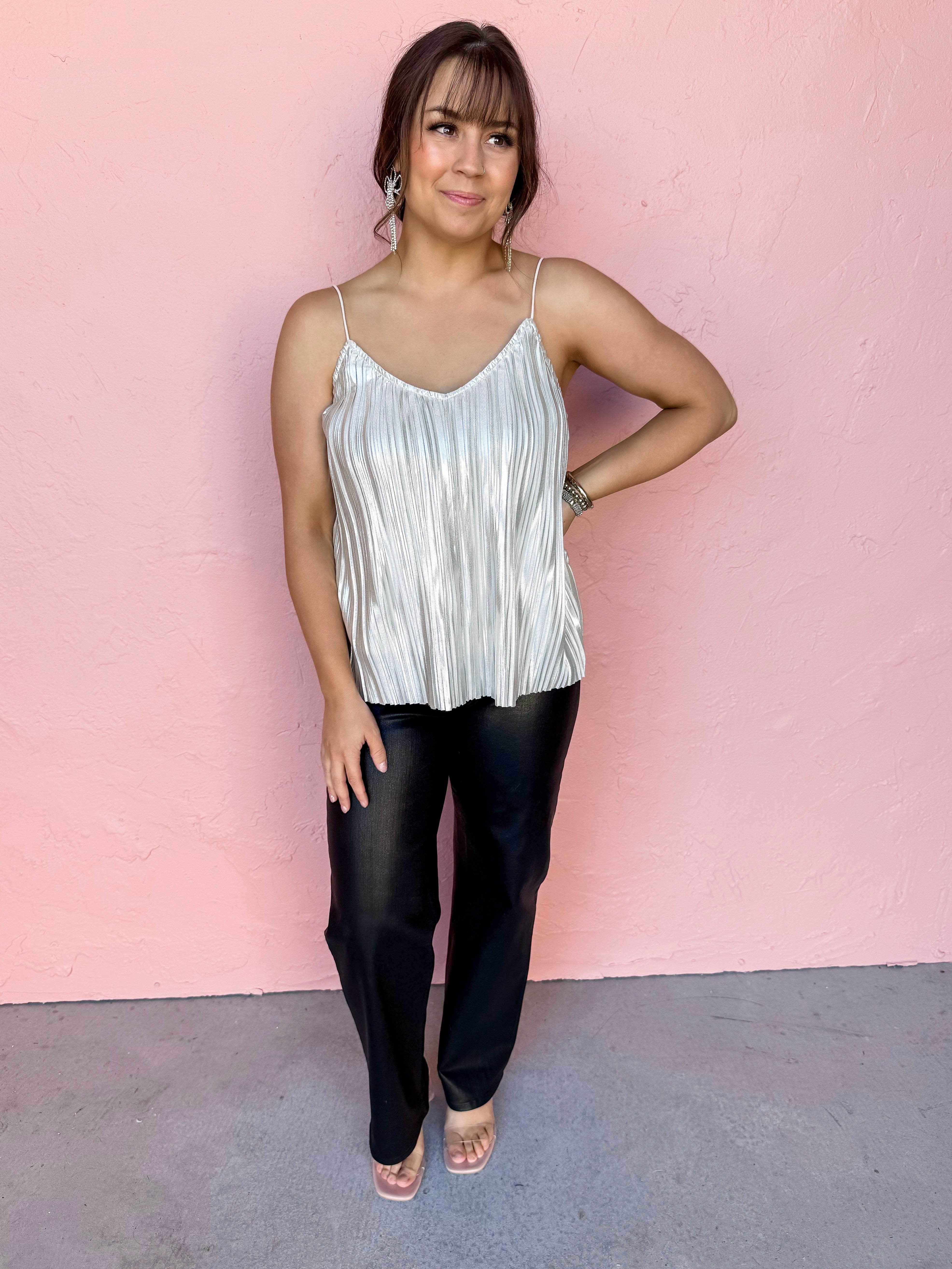 Finding My Way Pleated Metallic Cami Top-Silver