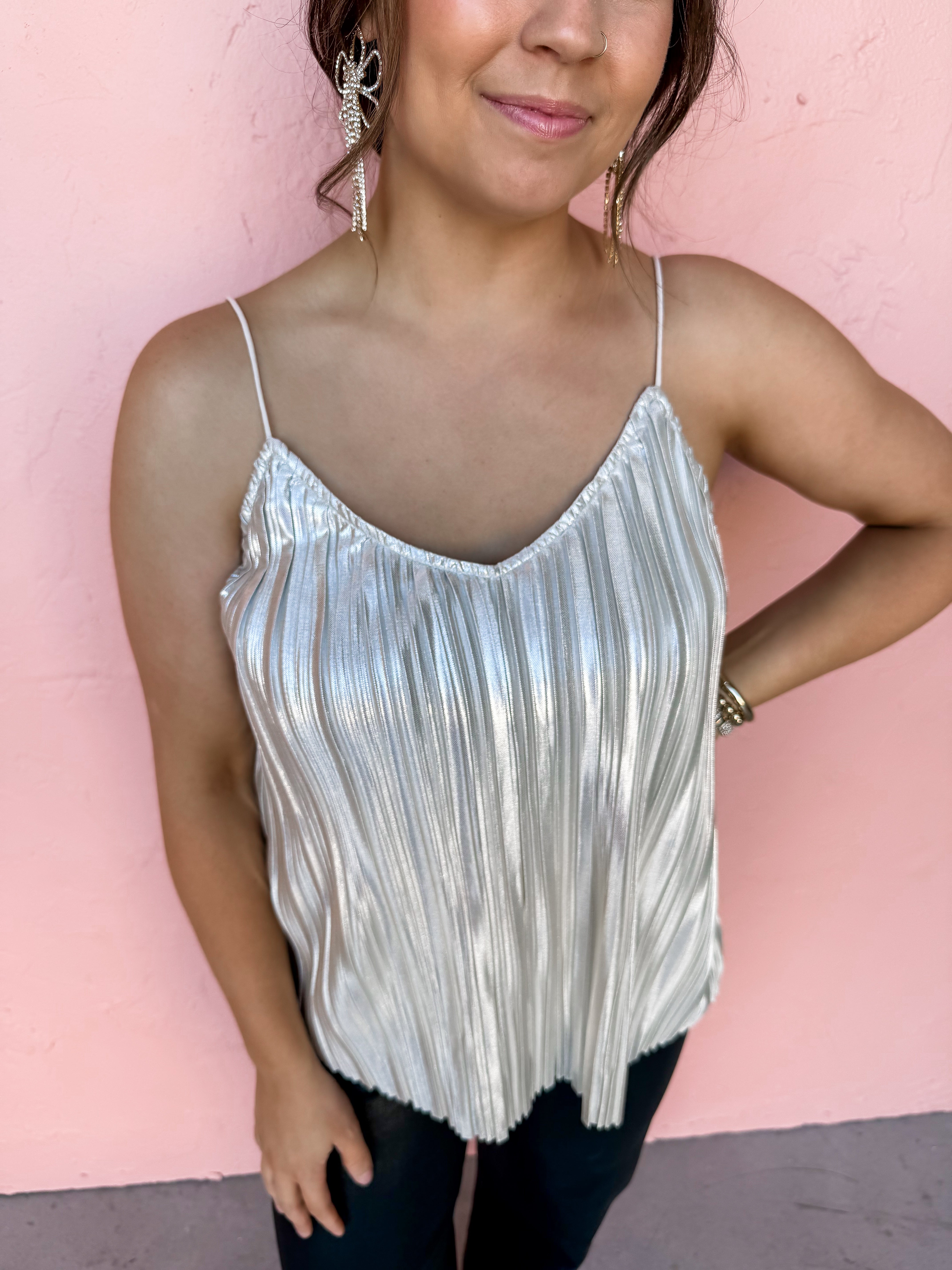 Finding My Way Pleated Metallic Cami Top-Silver