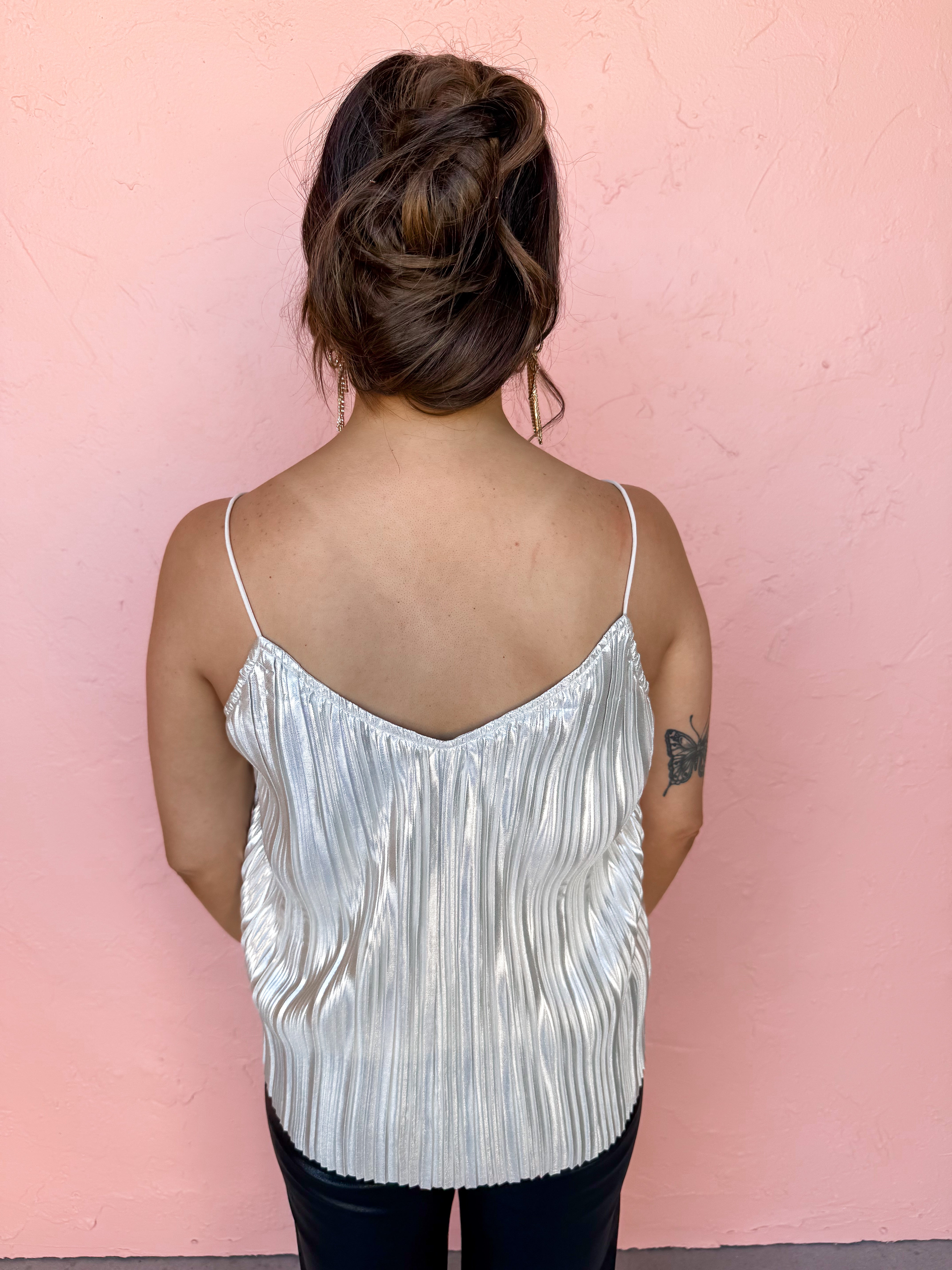 Finding My Way Pleated Metallic Cami Top-Silver