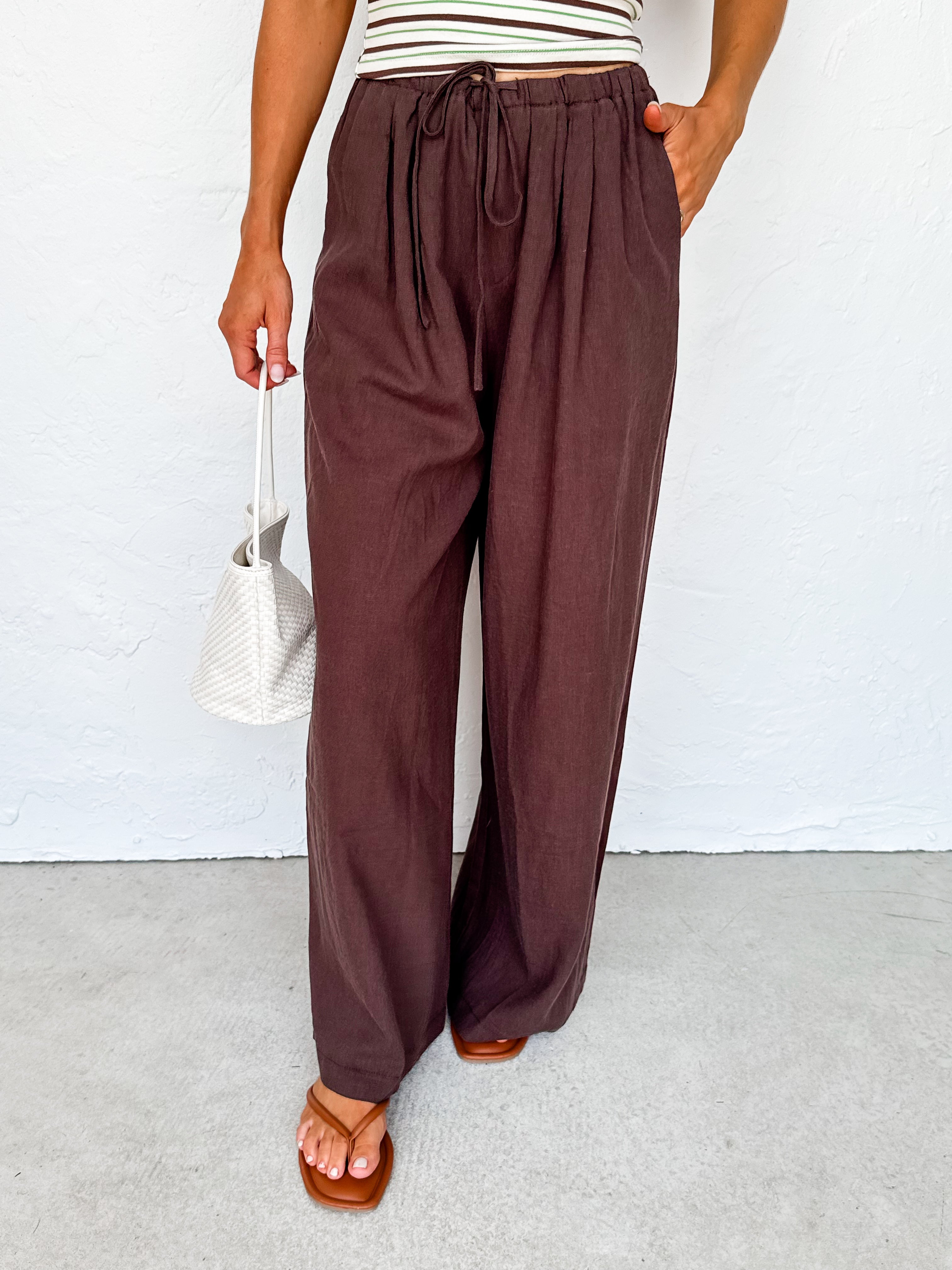Finn Linen Drawstring Wide Leg Trousers-Brown