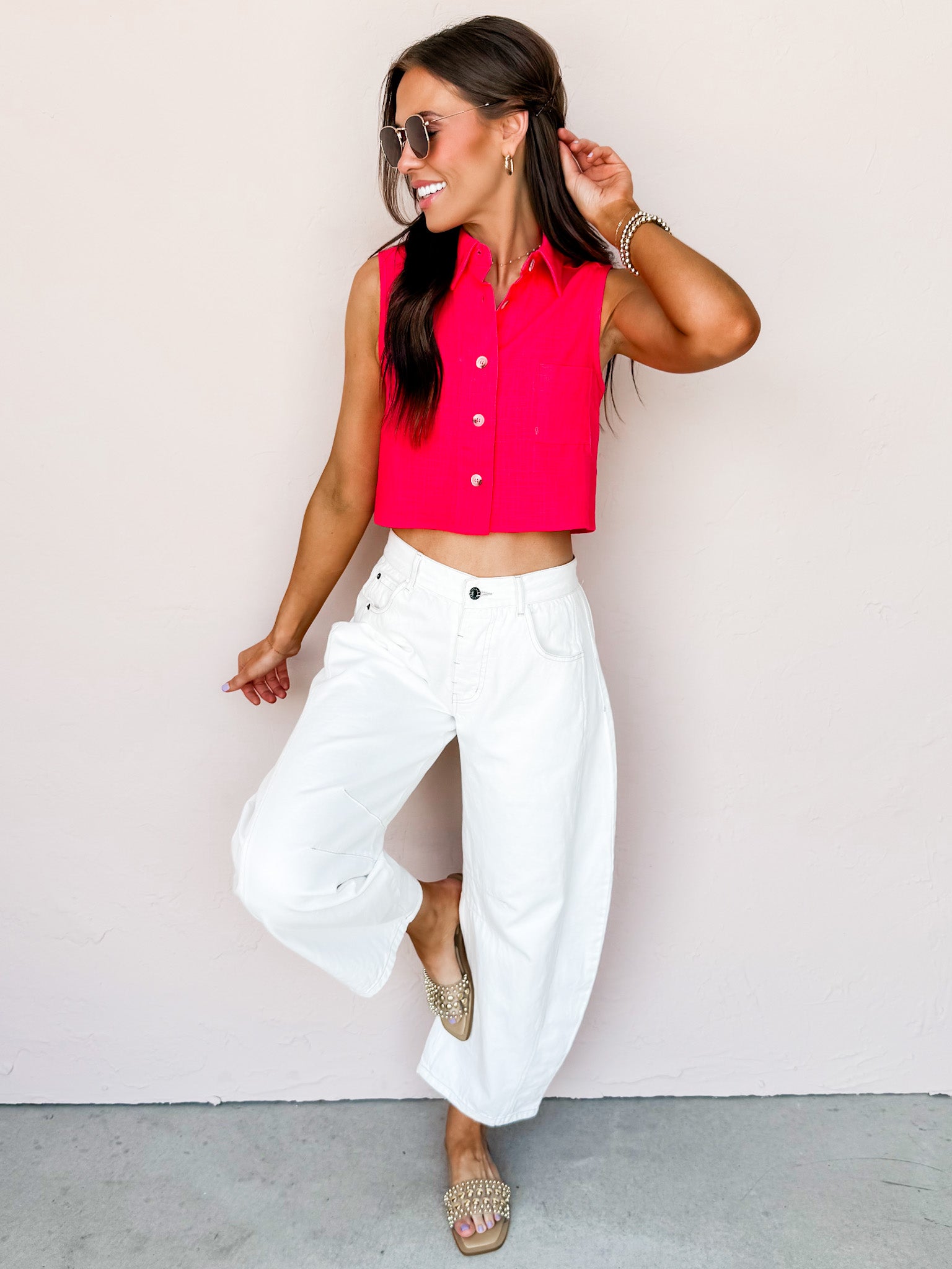 Firelight Cropped Button Front Sleeveless Top