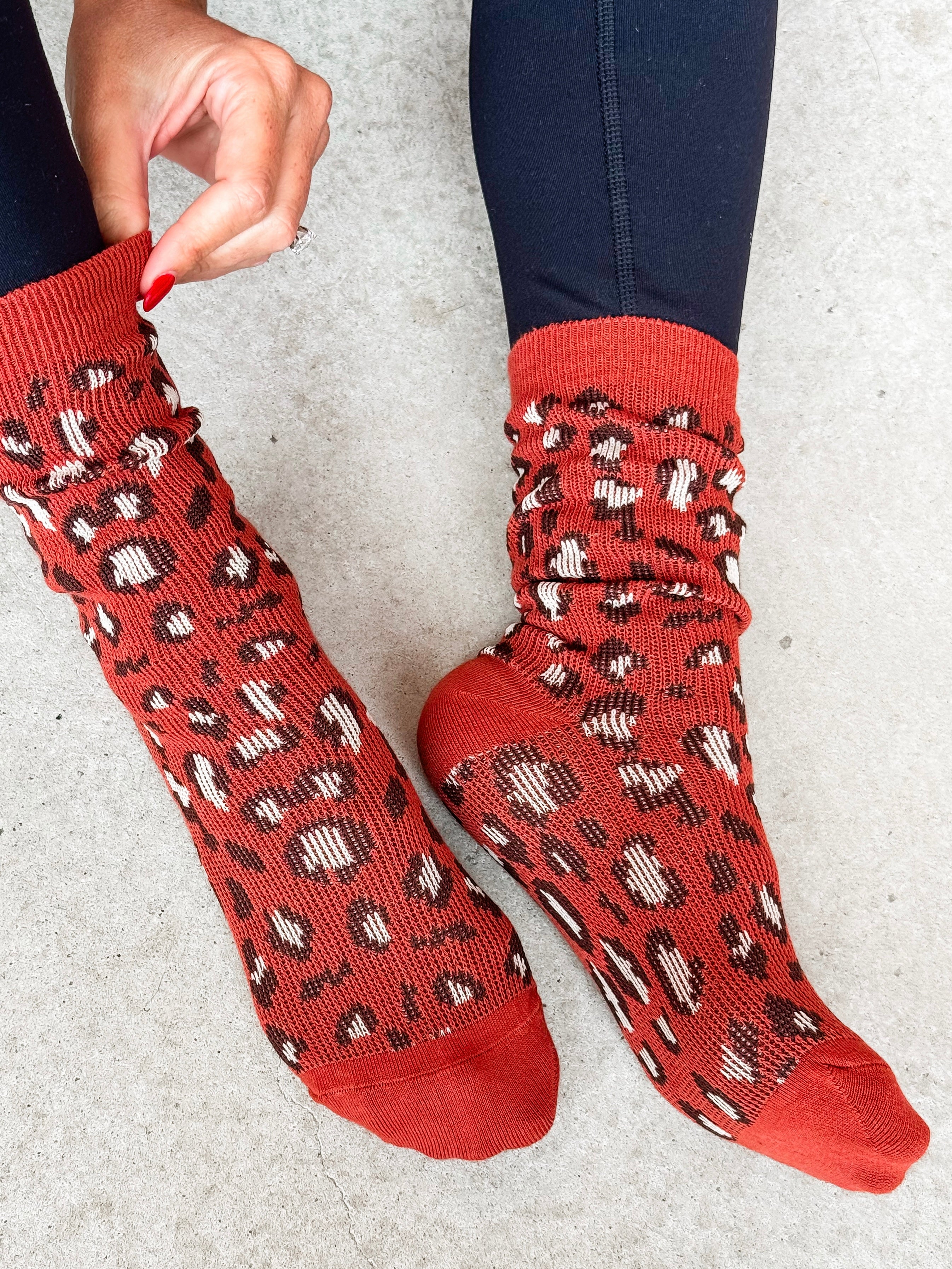 Fireside Chats Leopard Socks-Rust