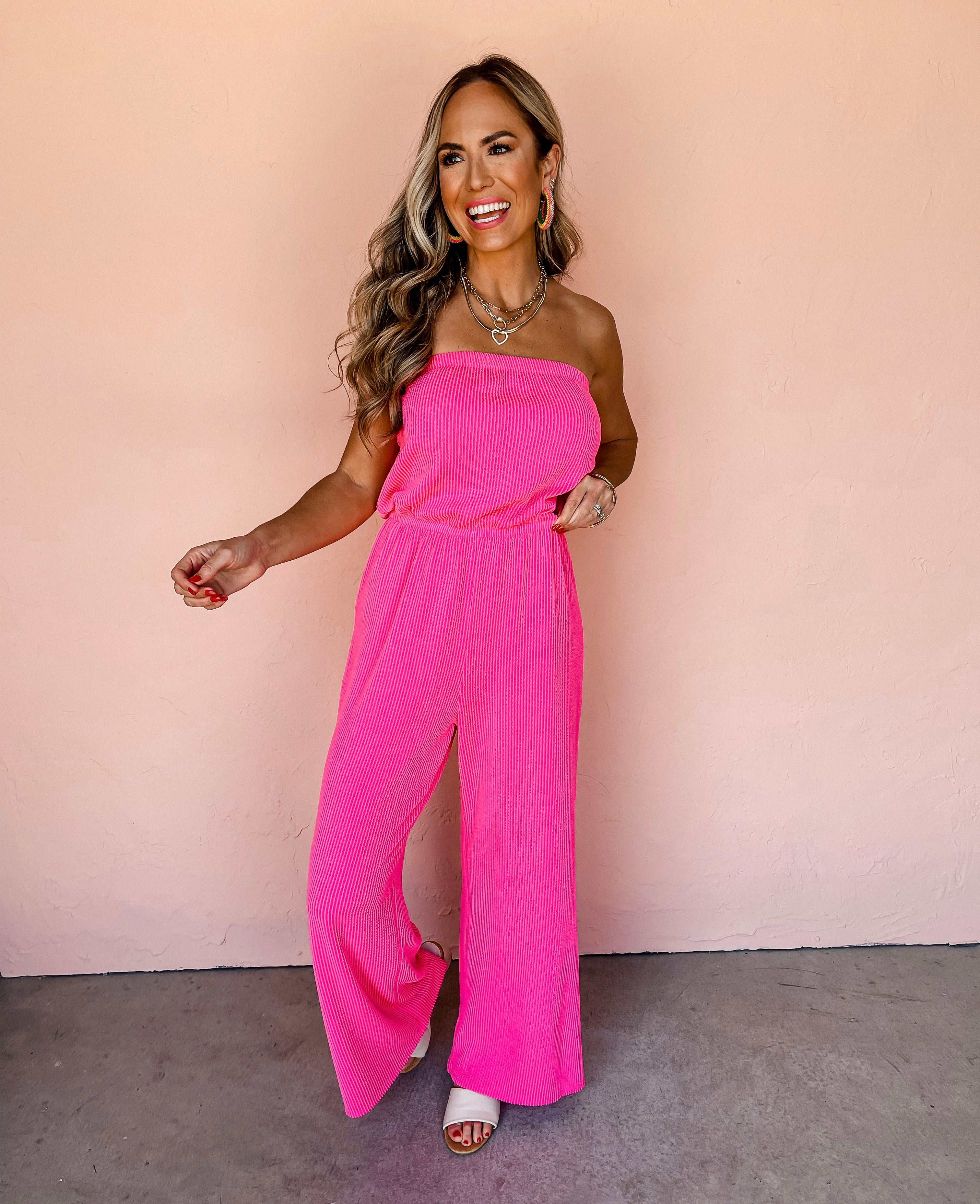 Flawless Frills Ribbed Strapless Jumpsuit-Pink