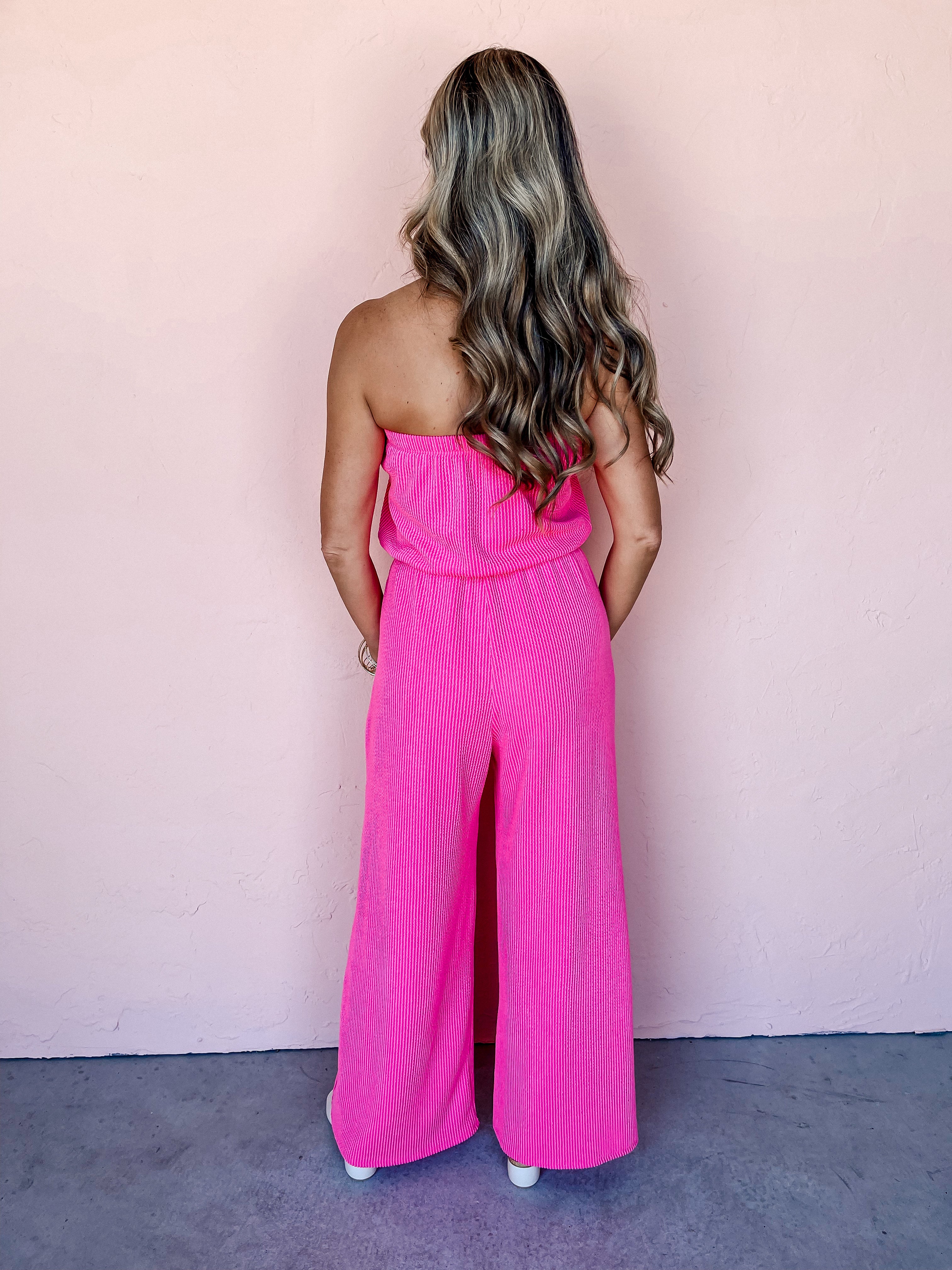 Flawless Frills Ribbed Strapless Jumpsuit-Pink