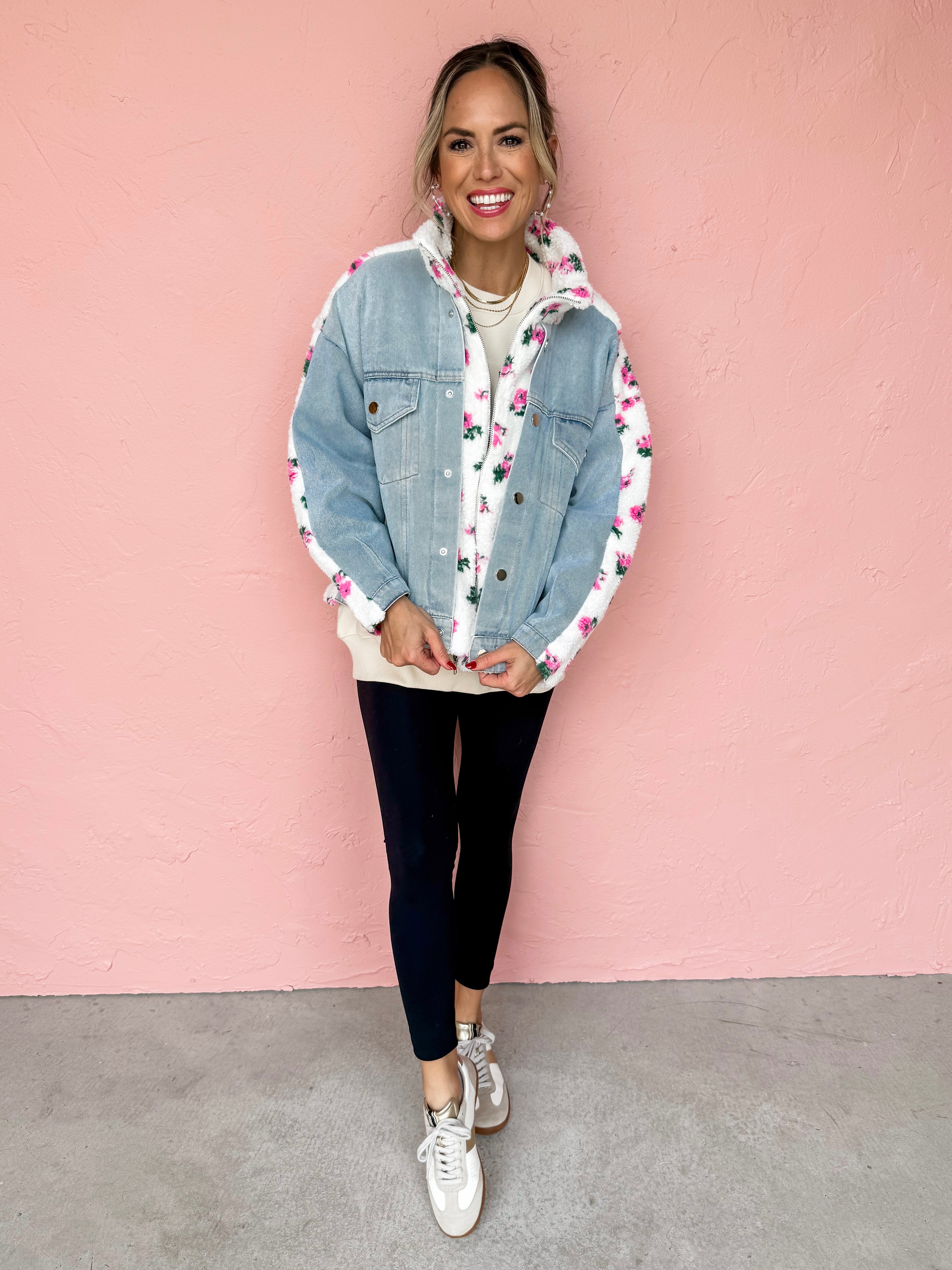 Forever Friends Floral Shearling And Denim Jacket