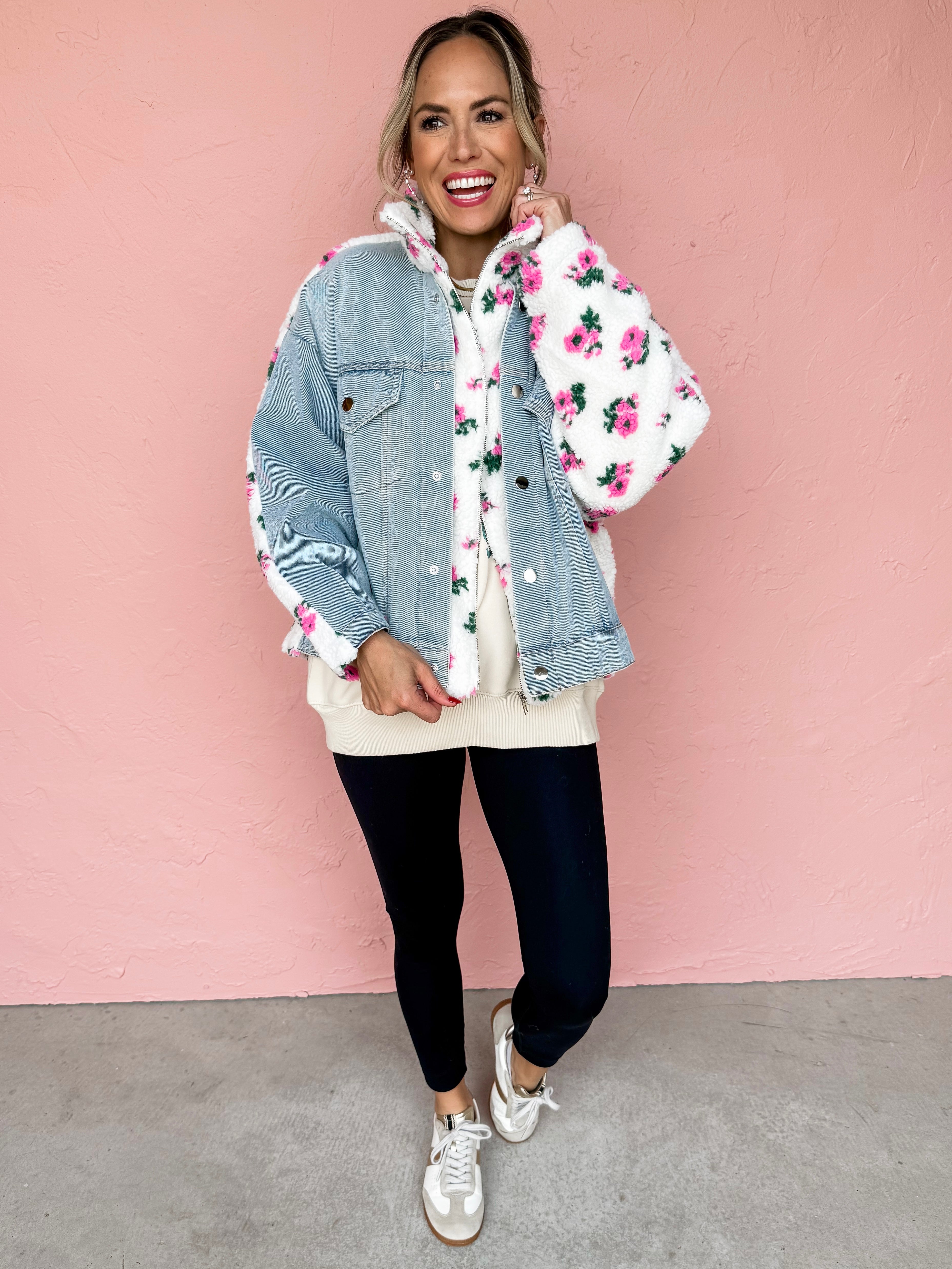 Forever Friends Floral Shearling And Denim Jacket