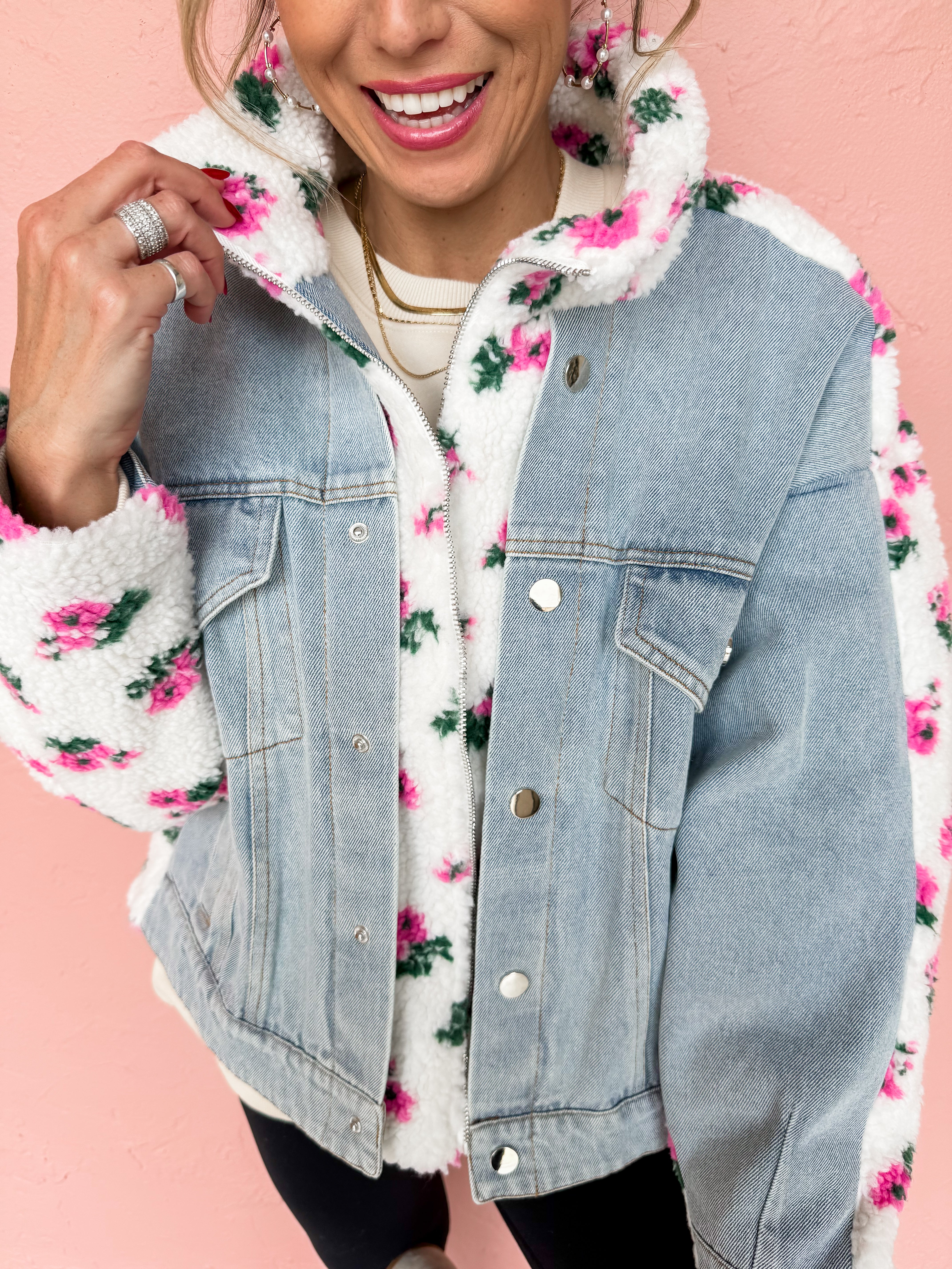 Forever Friends Floral Shearling And Denim Jacket