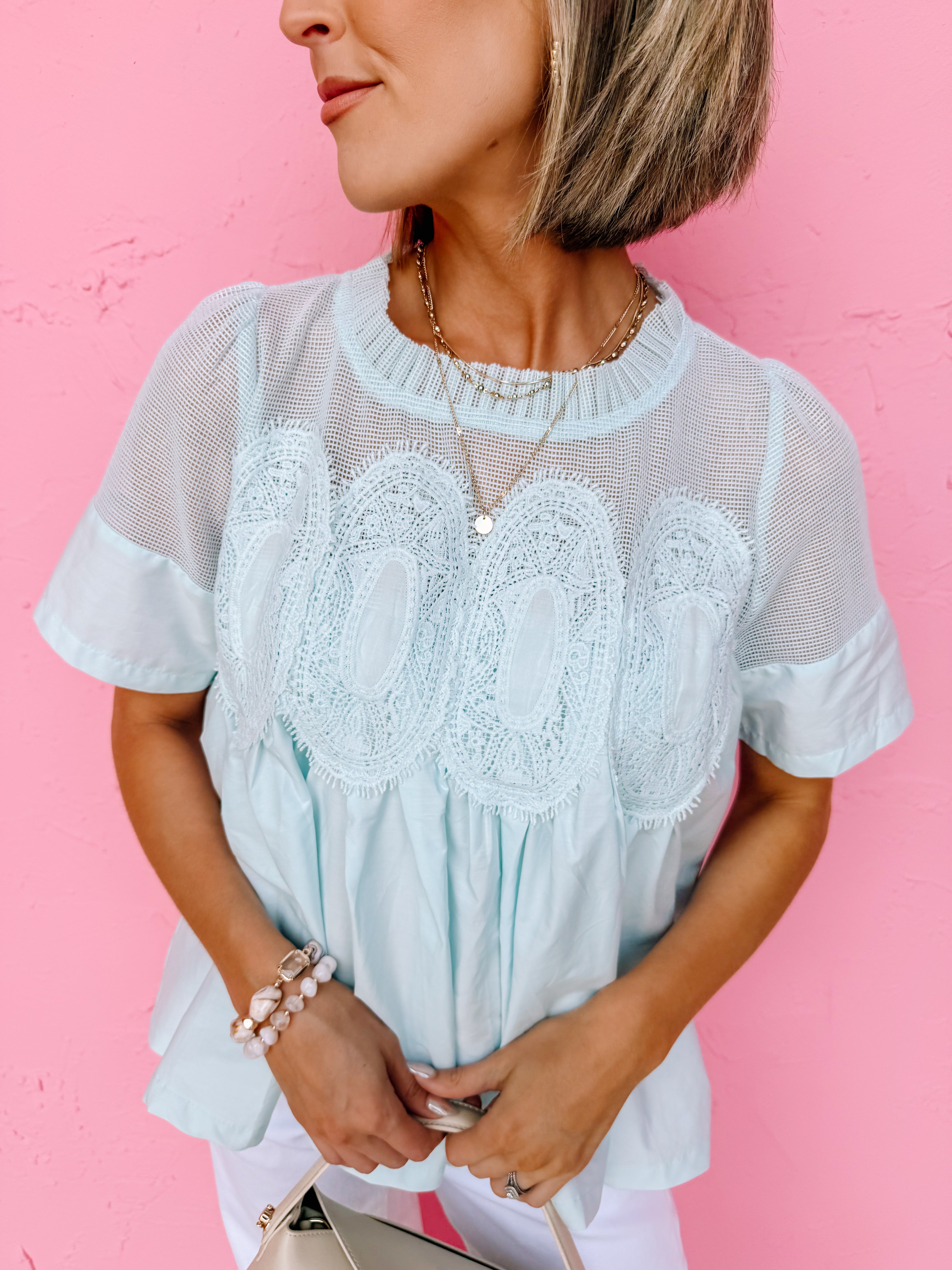 Frances Mesh Applique Top-Baby Blue