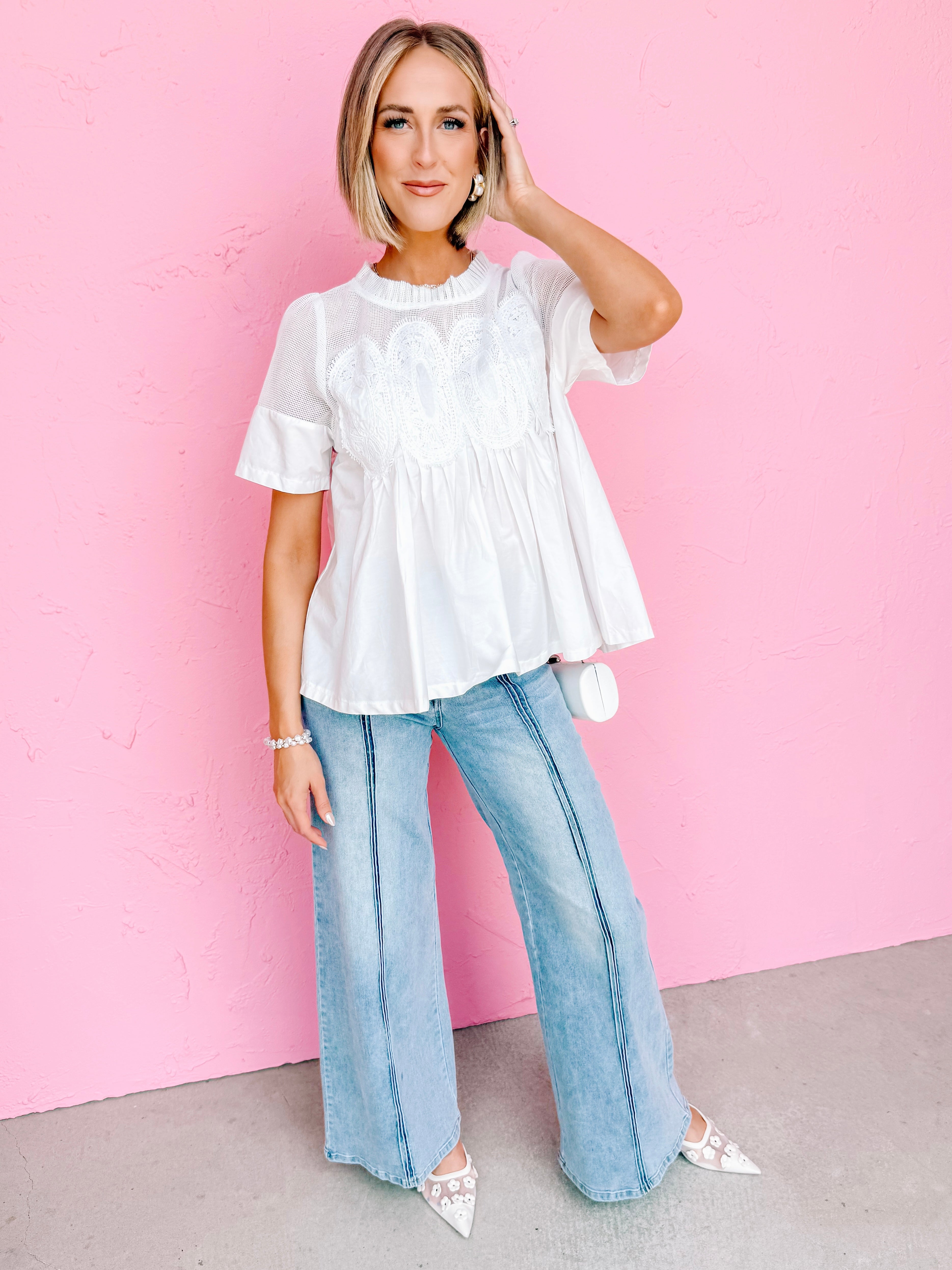 Frances Mesh Applique Top-White