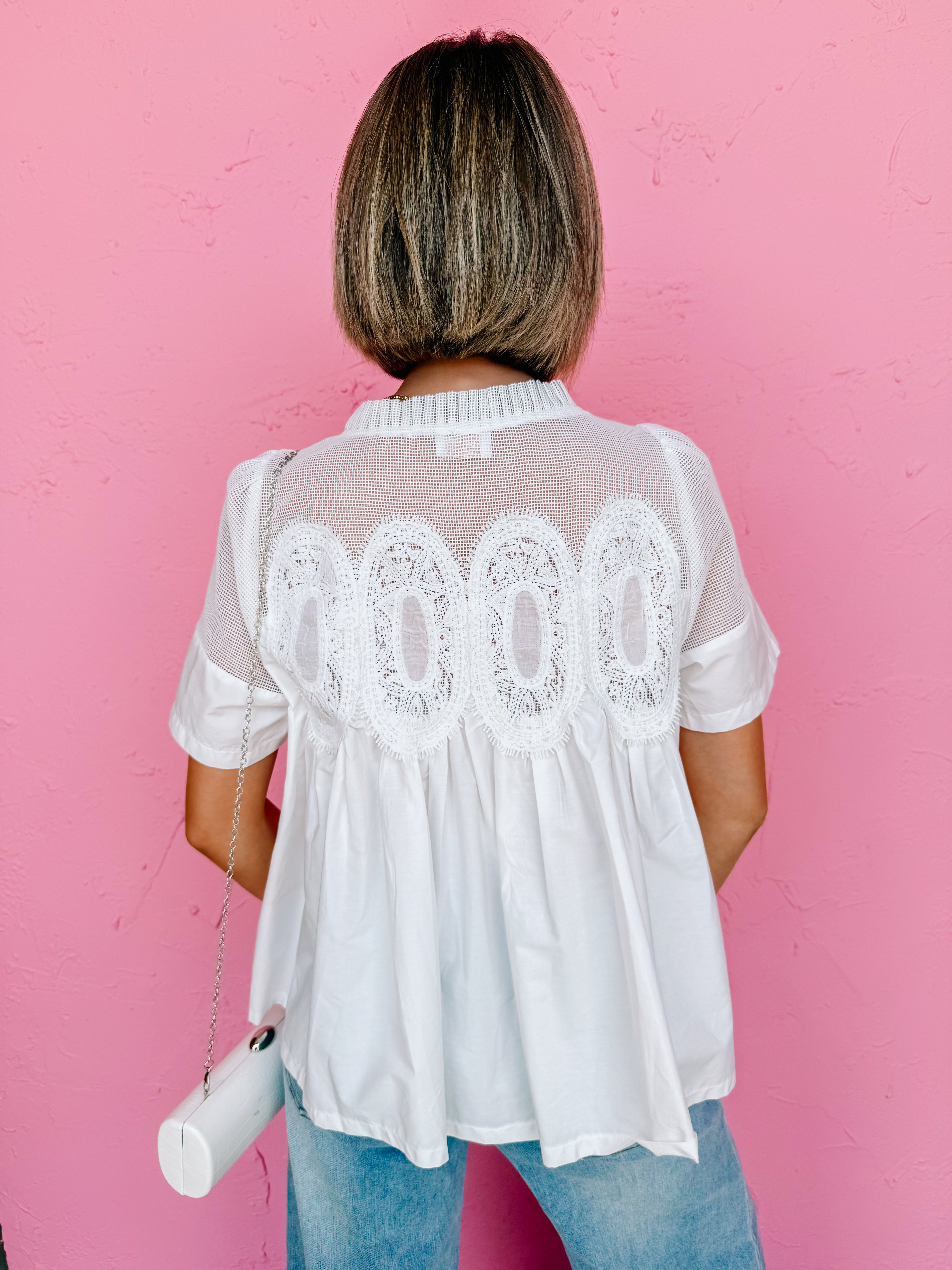 Frances Mesh Applique Top-White