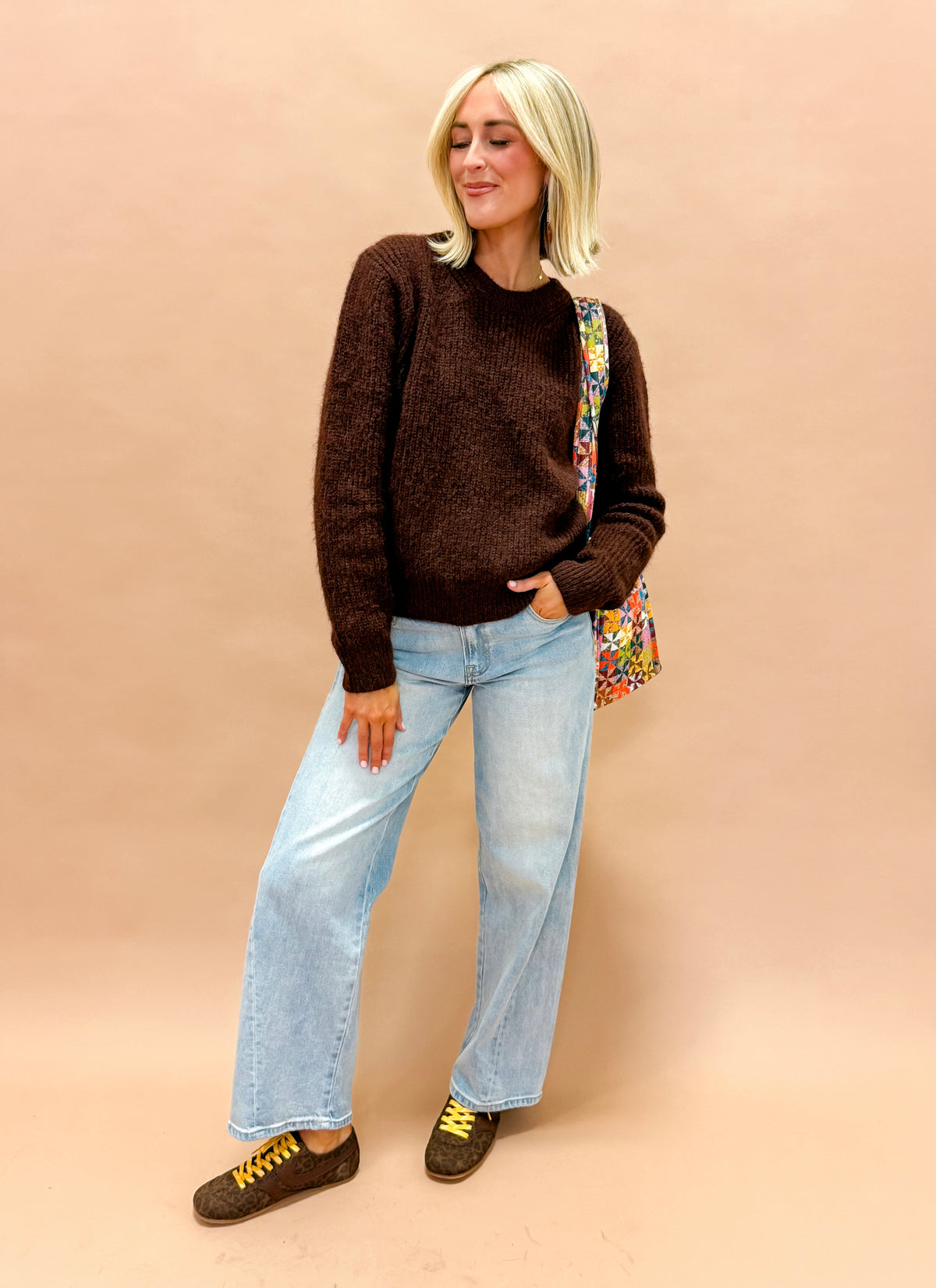 Frannie Textured Crew Neck Sweater-Brown