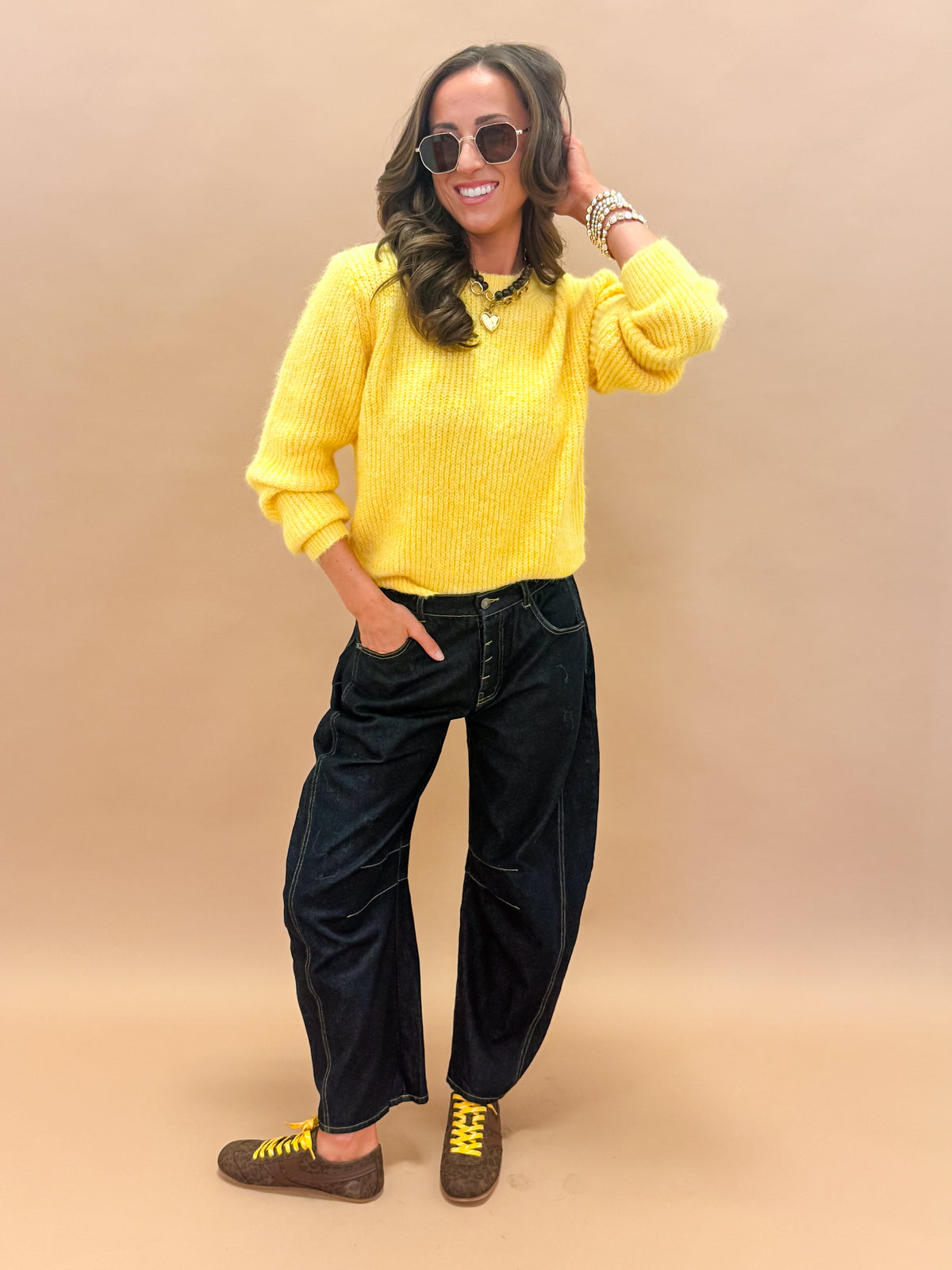 Frannie Textured Crew Neck Sweater-Yellow