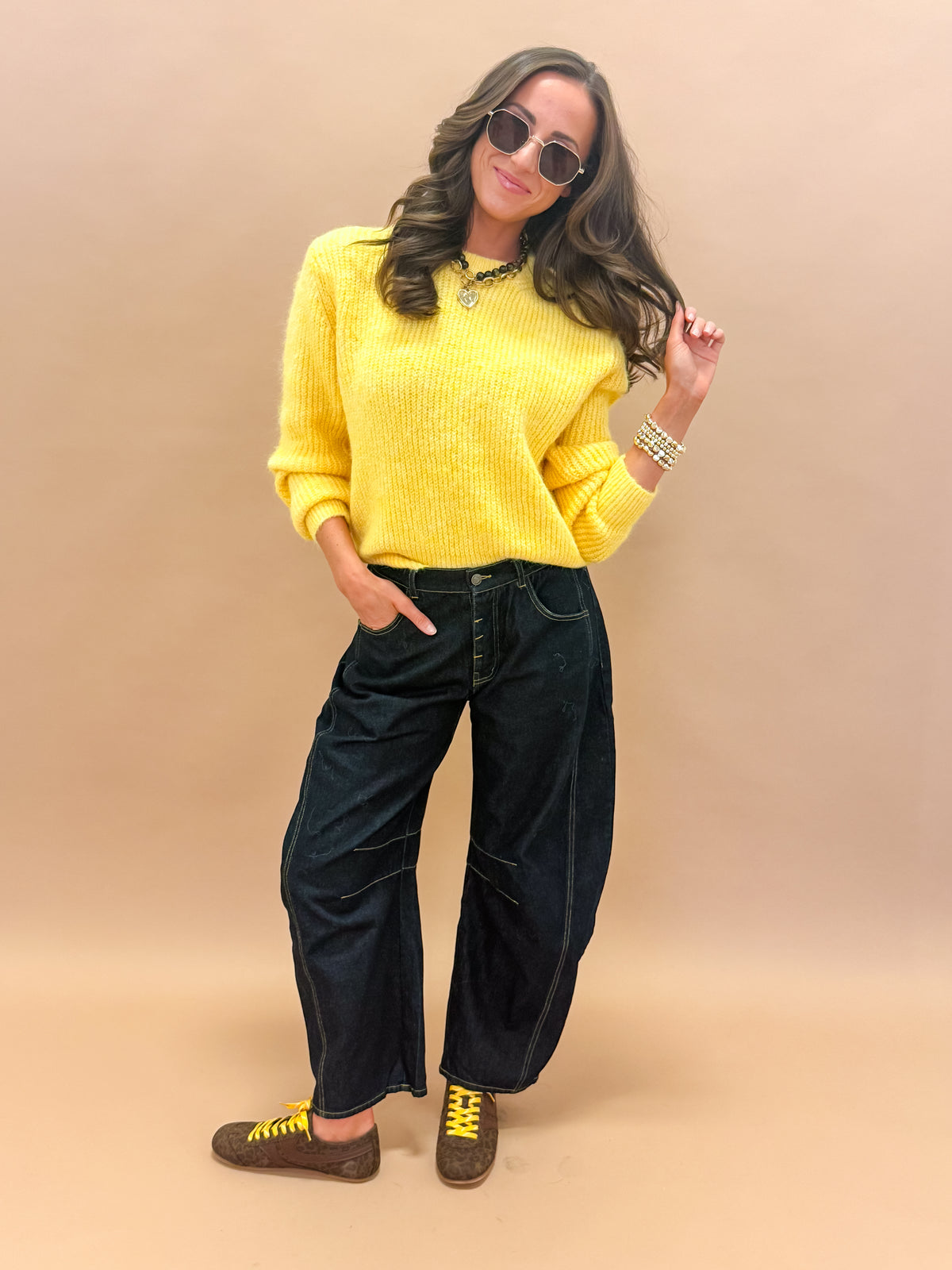 Frannie Textured Crew Neck Sweater-Yellow