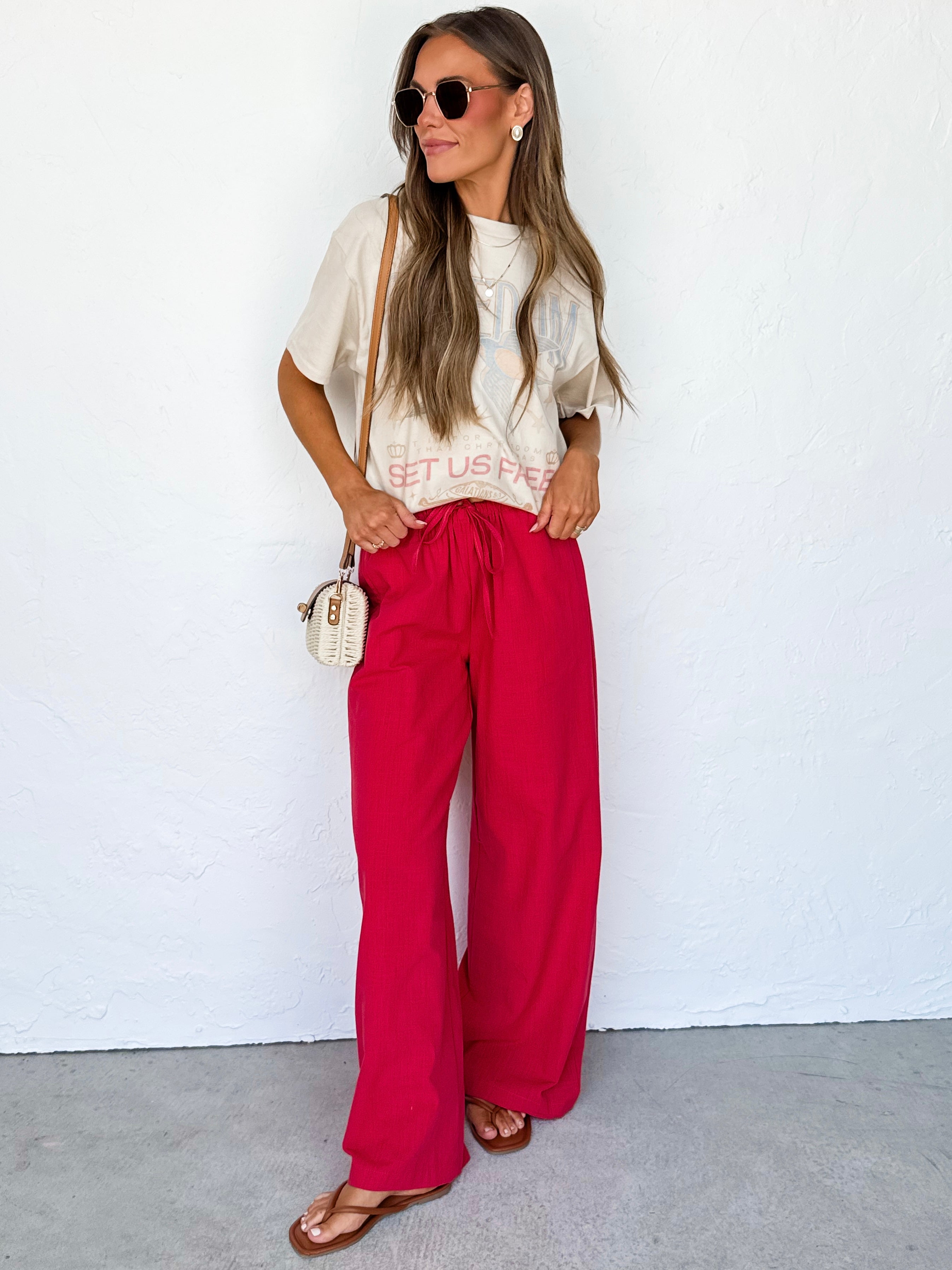 Madden Linen Wide Leg Drawstring Pants-Red