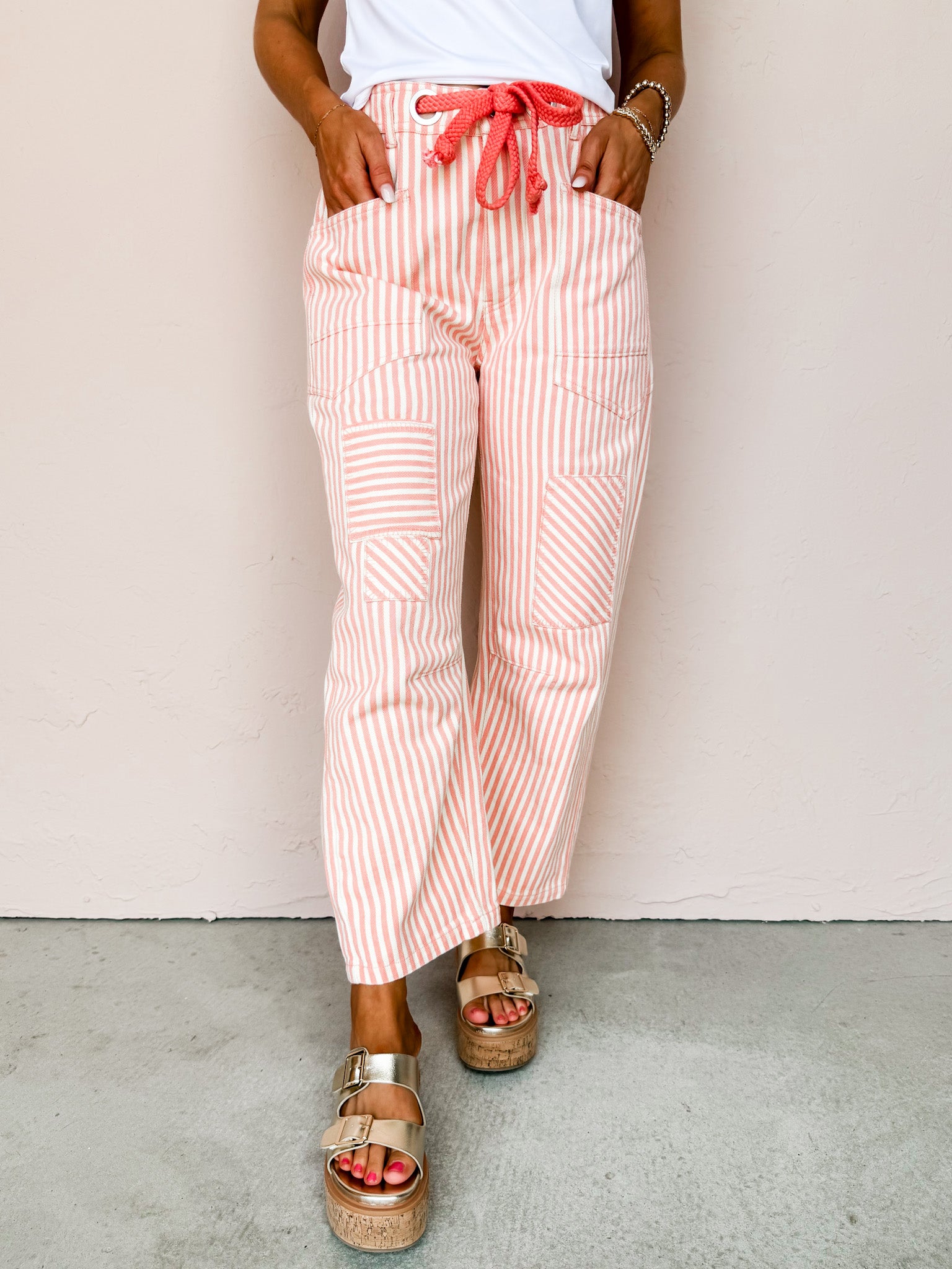Full Attention Striped Barrel Pants-Coral Peach