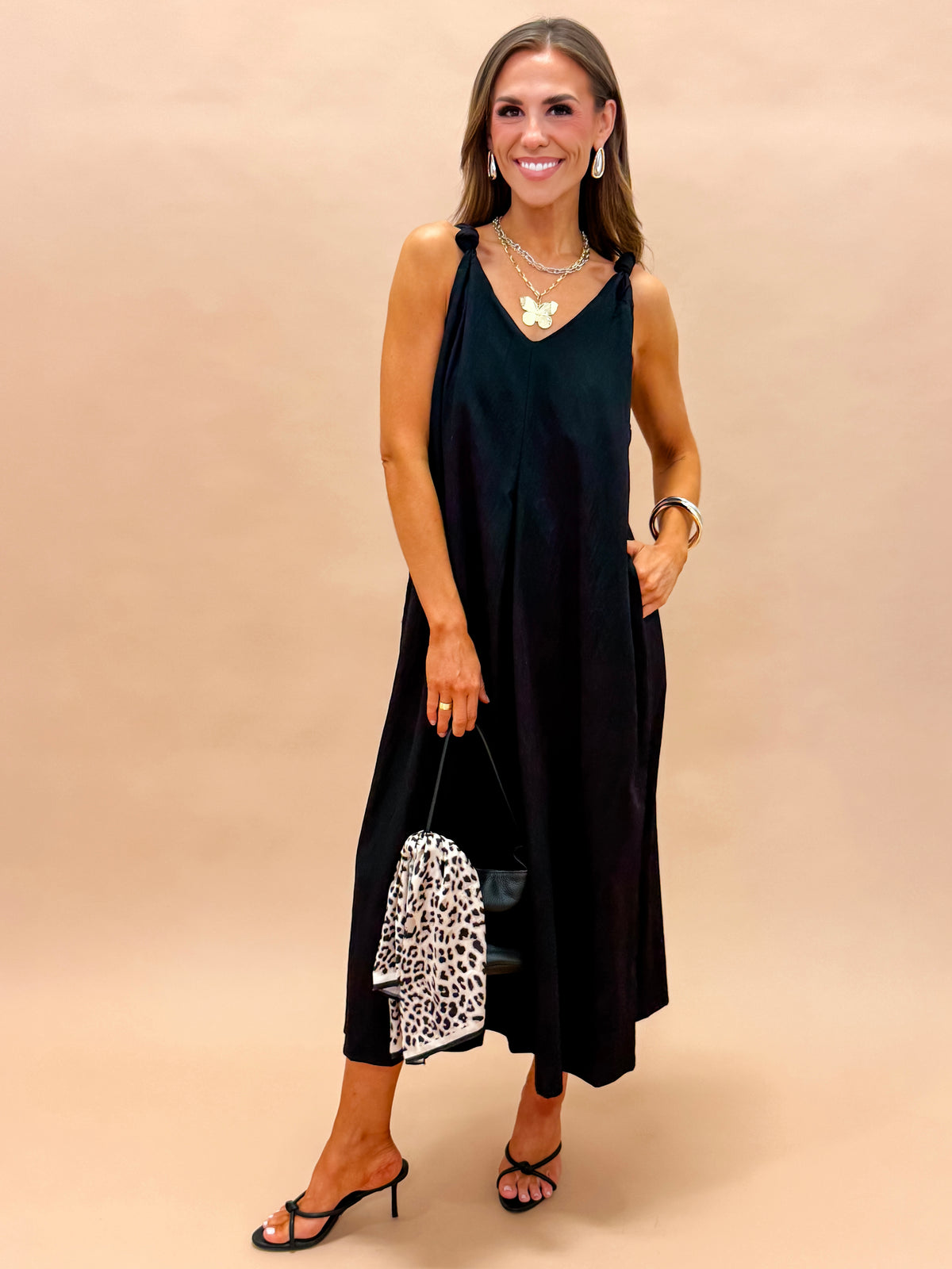 Gabby Shoulder Twisted Dress-Black