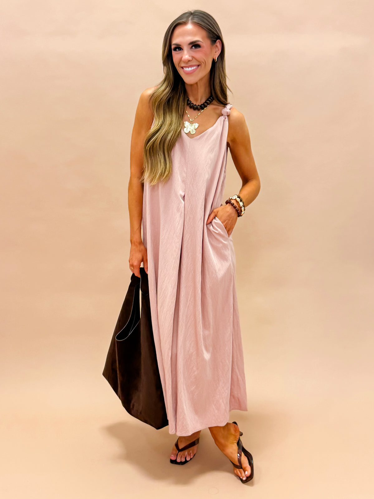 Gabby Shoulder Twisted Dress-Rose