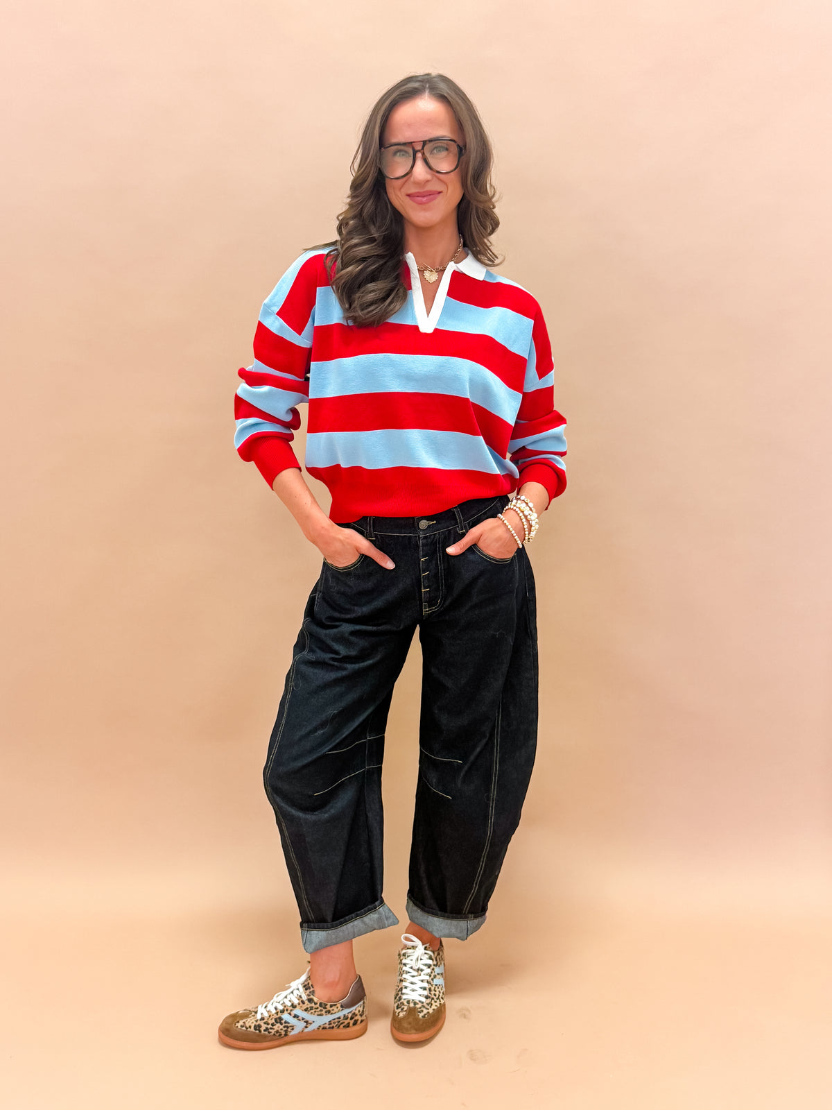 Gentry Striped Knit Polo Sweater-Blue