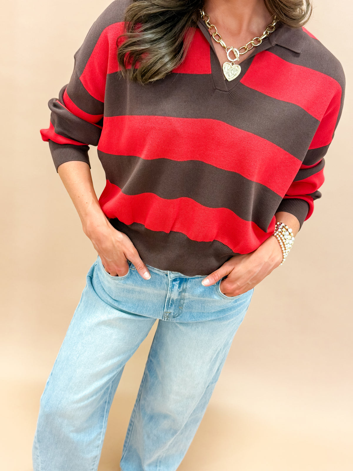 Gentry Striped Knit Polo Sweater-Brown