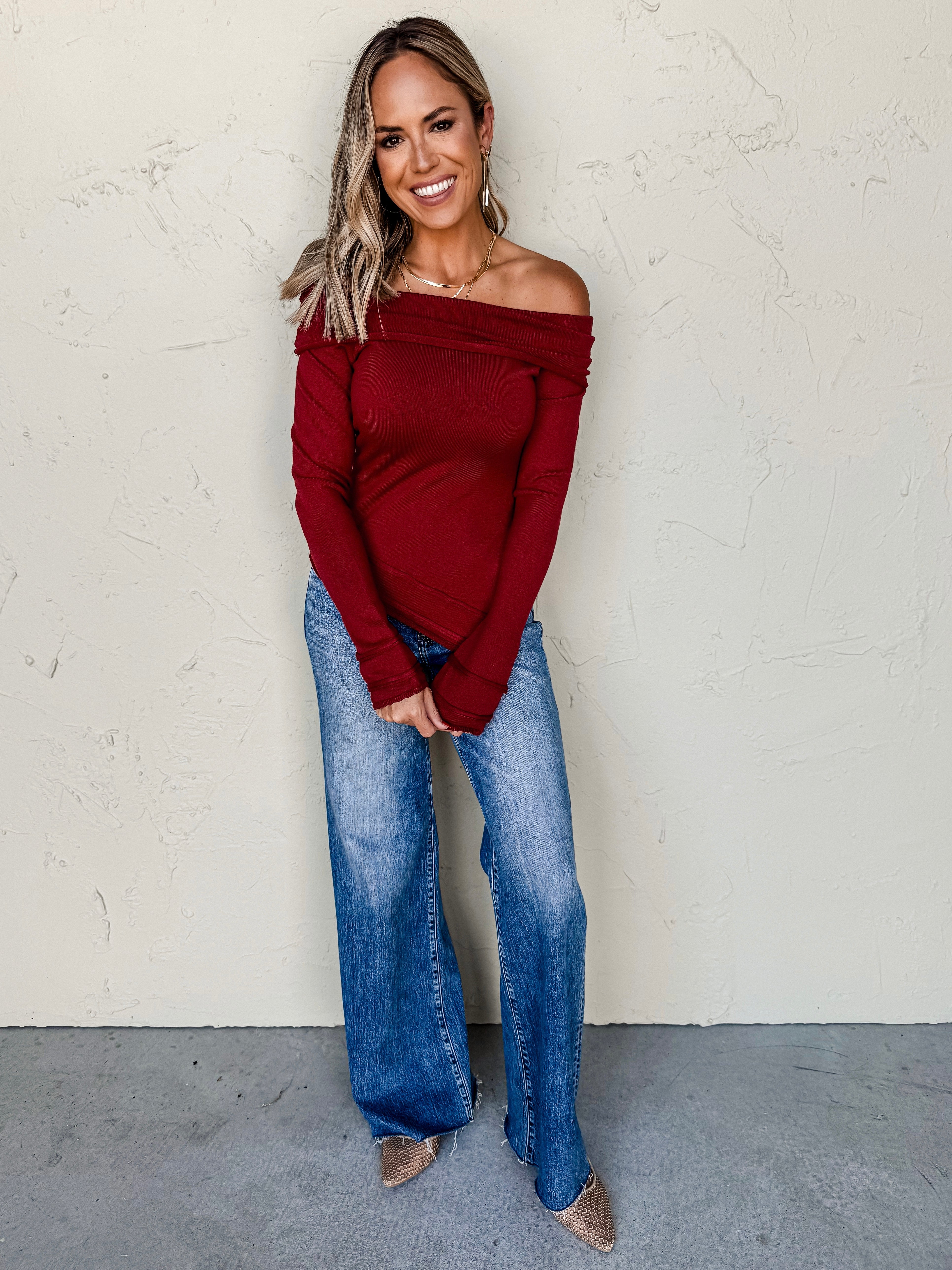 Gliding By Off The Shoulder Sweater-Burgundy