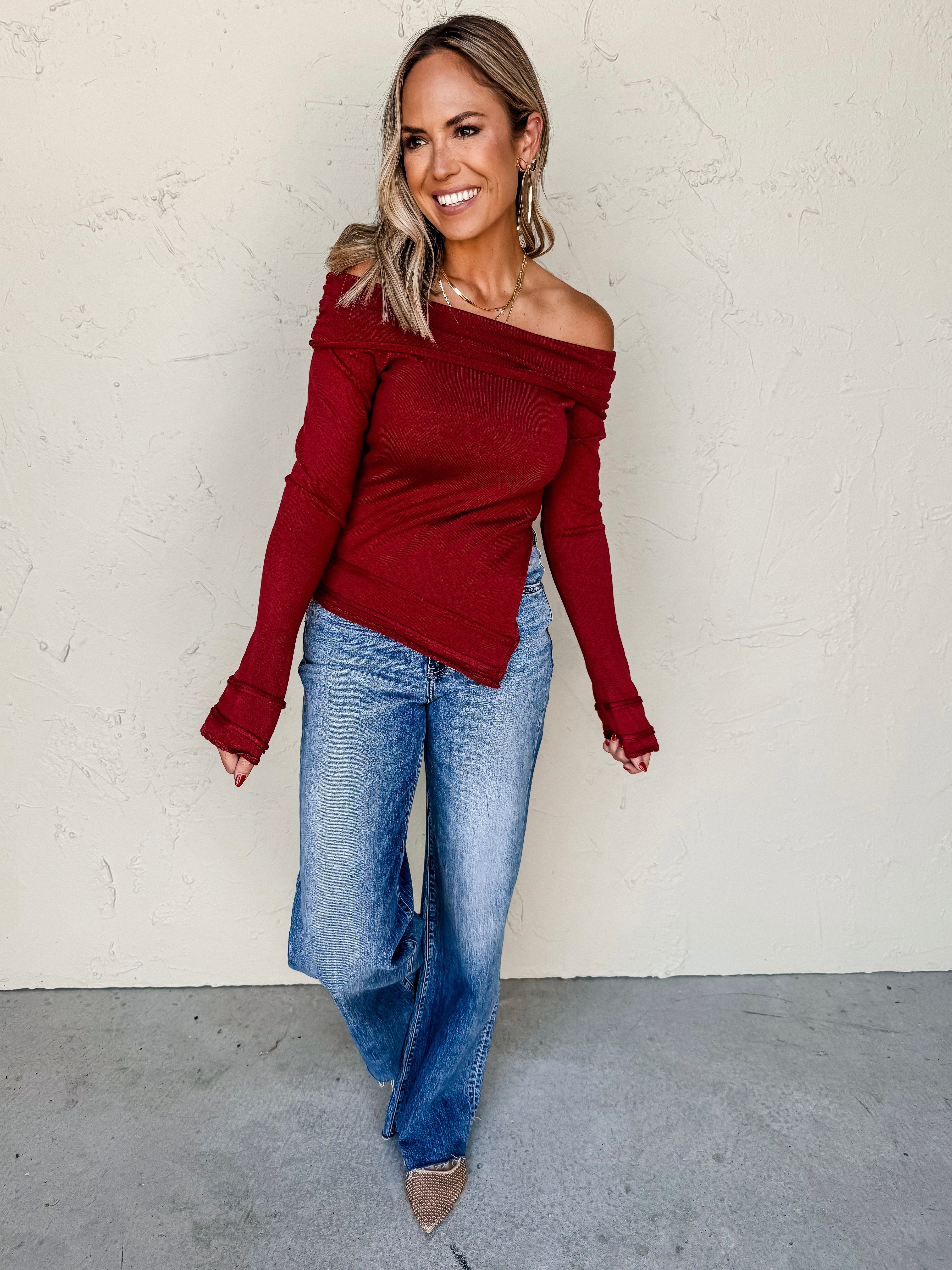 Gliding By Off The Shoulder Sweater-Burgundy