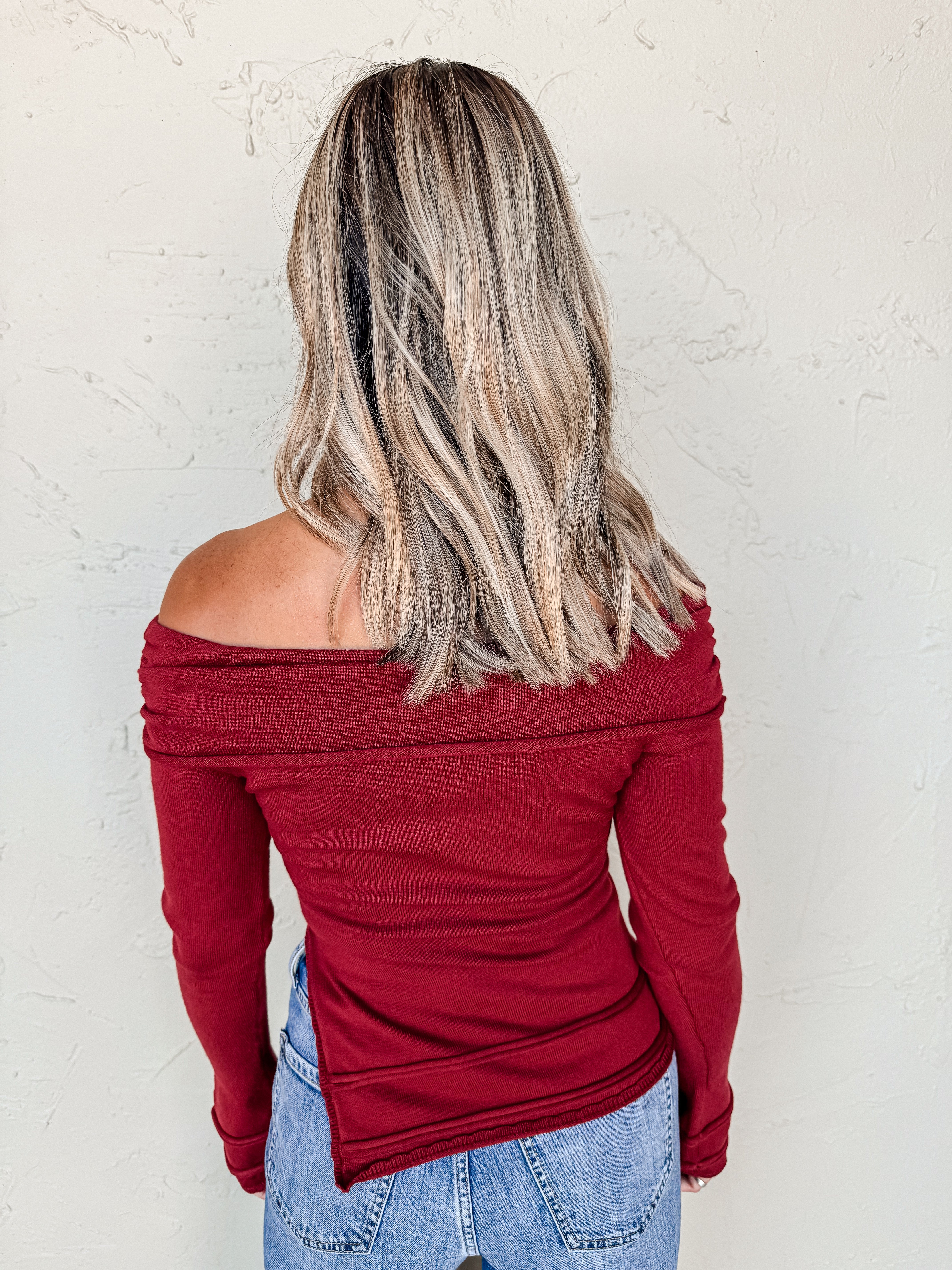 Gliding By Off The Shoulder Sweater-Burgundy