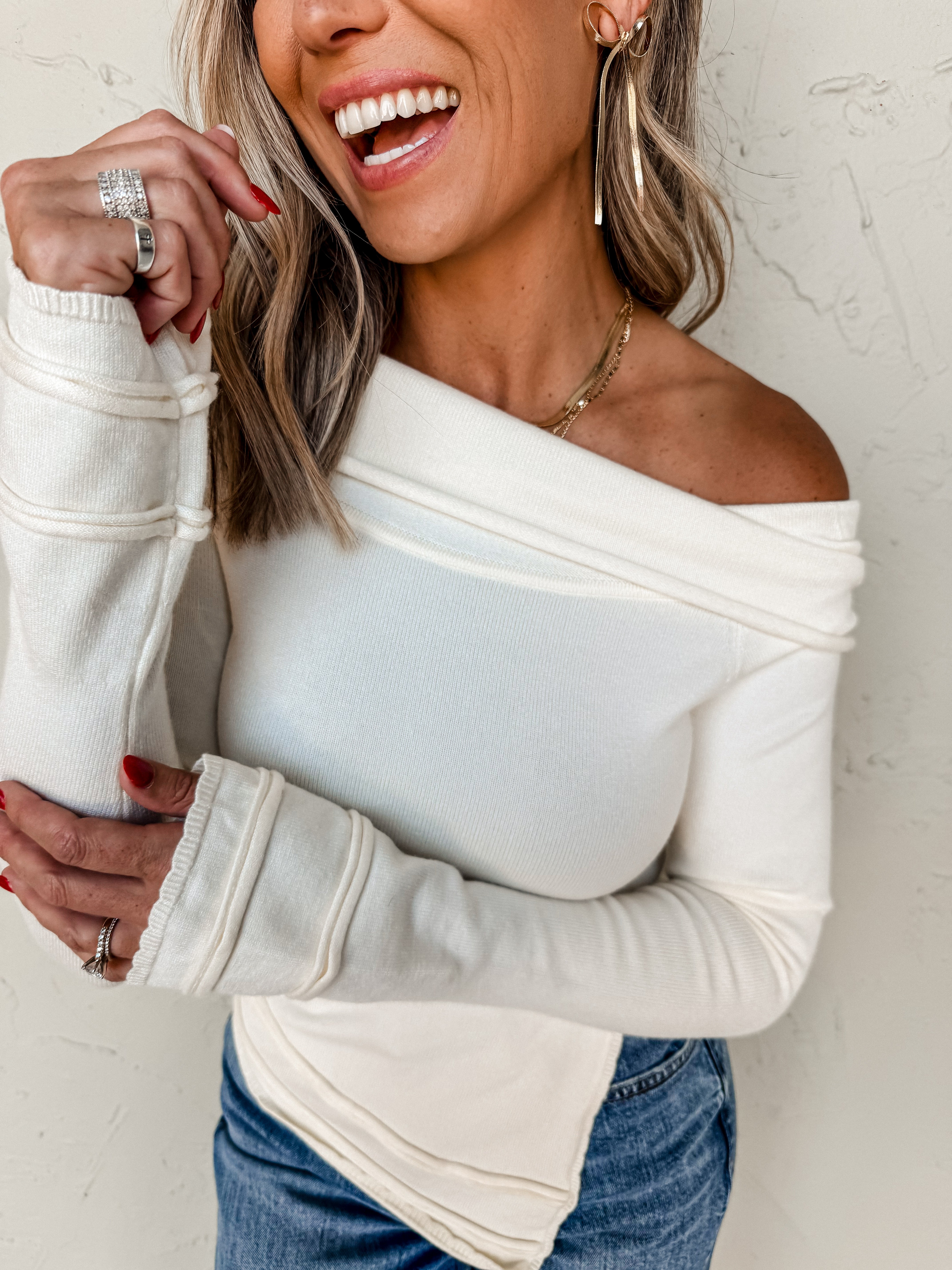 Gliding By Off The Shoulder Sweater-Ecru