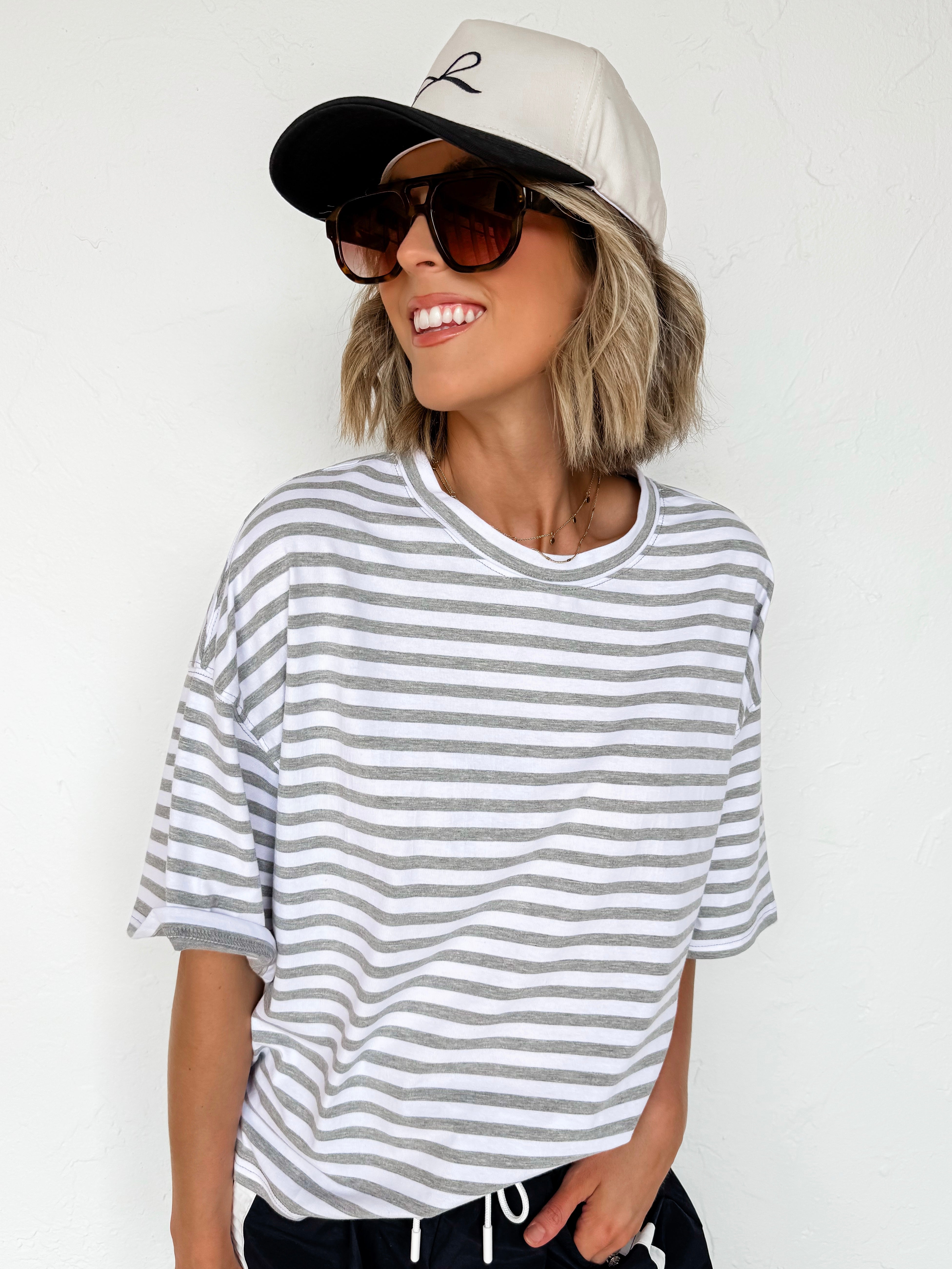 Grace Oversized Striped Top-Gray