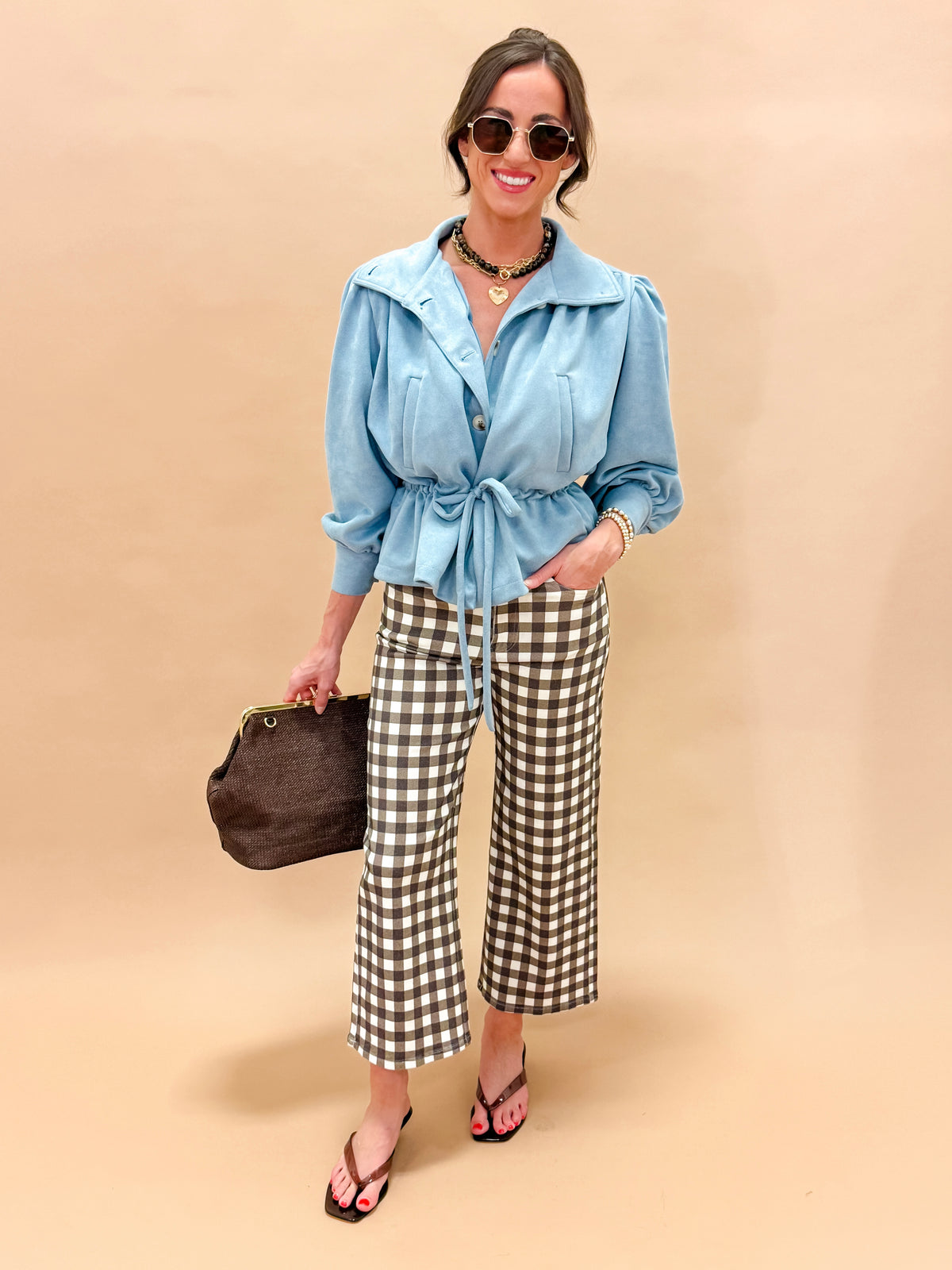Halston High Neck Faux Suede Jacket-Blue
