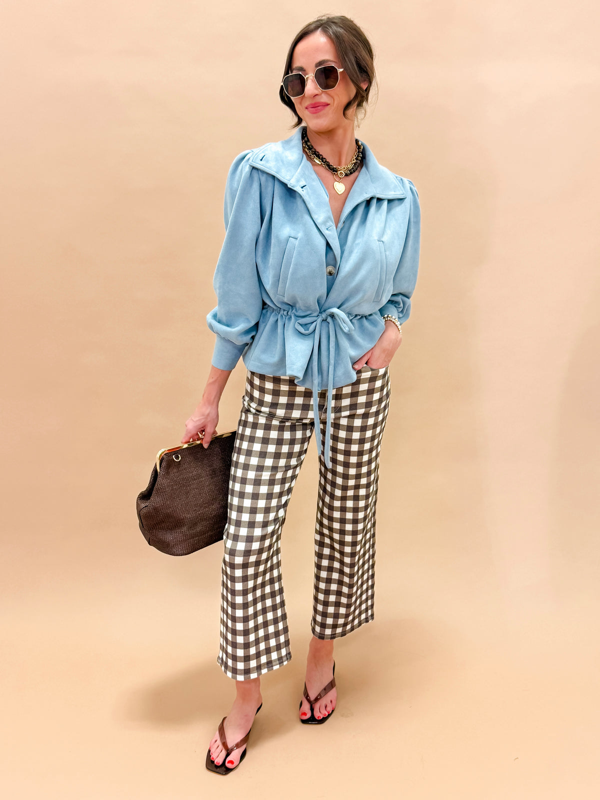 Halston High Neck Faux Suede Jacket-Blue