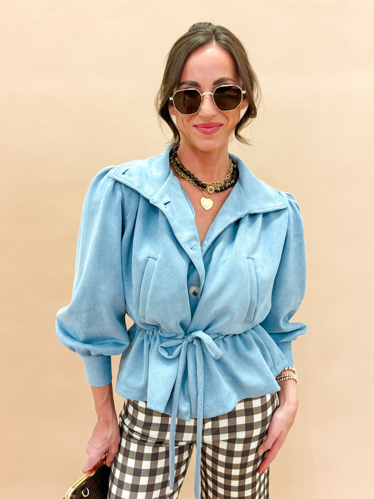 Halston High Neck Faux Suede Jacket-Blue