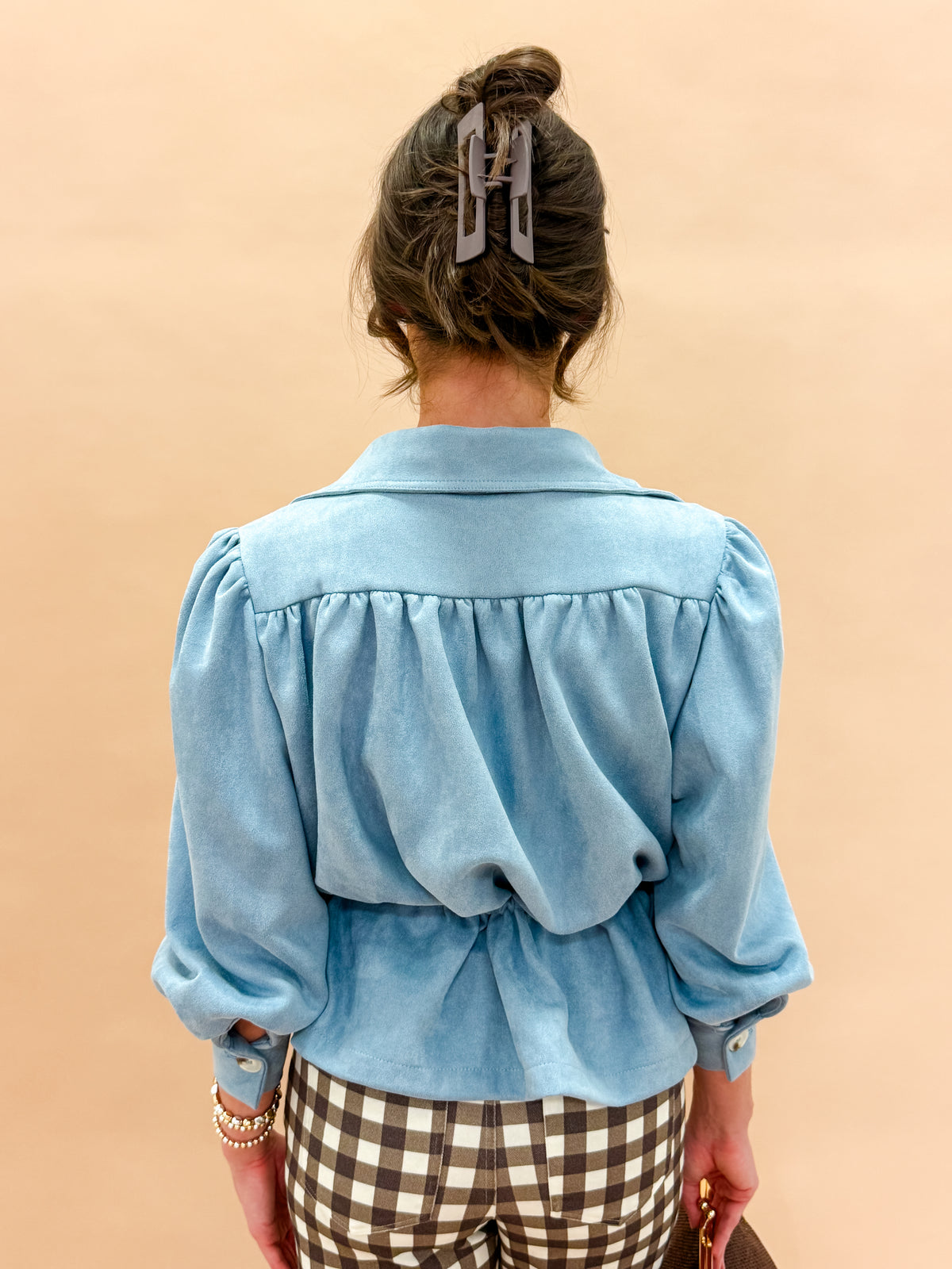 Halston High Neck Faux Suede Jacket-Blue