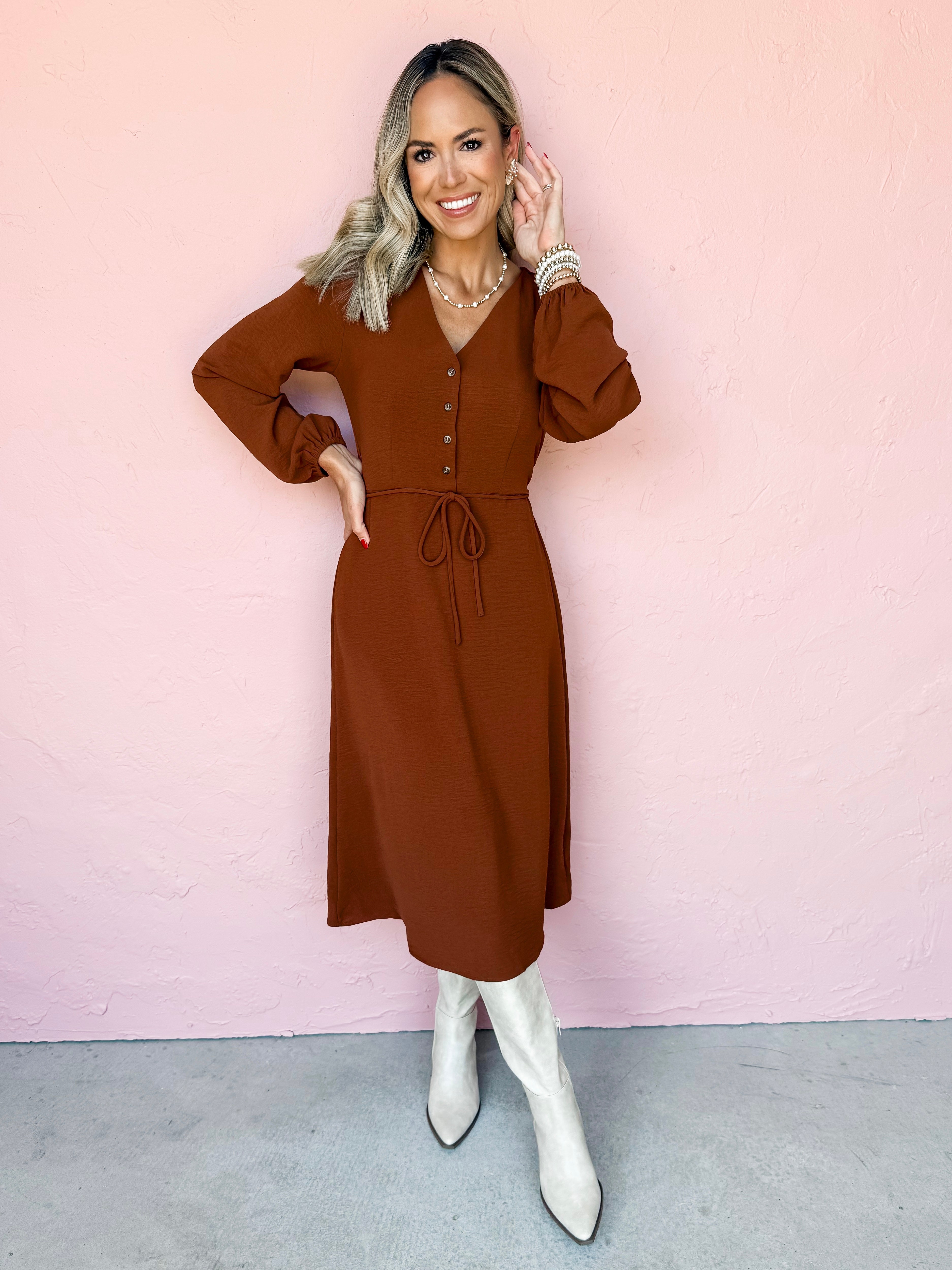 Harvest Whispers V Neck Midi Dress