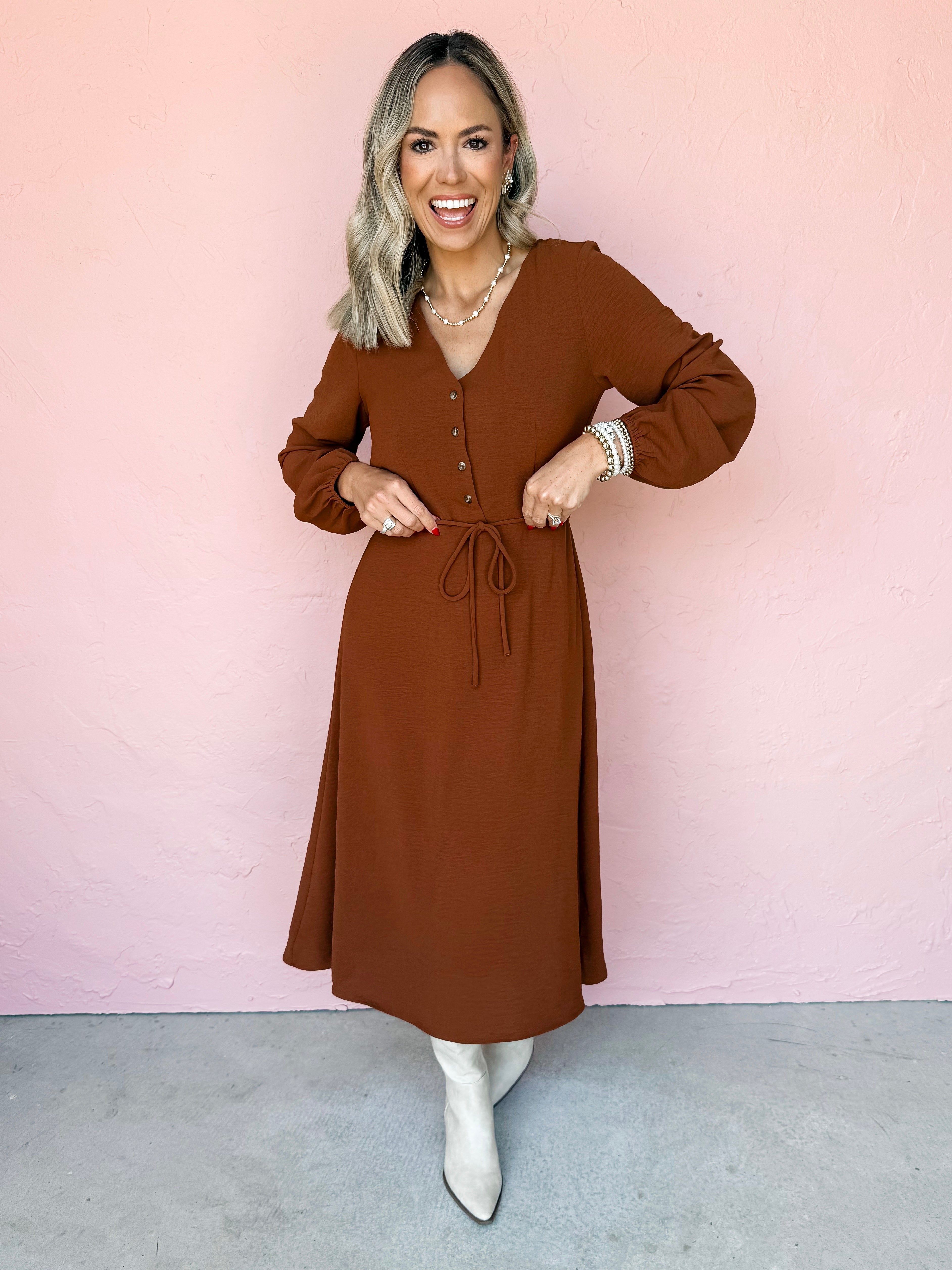 Harvest Whispers V Neck Midi Dress