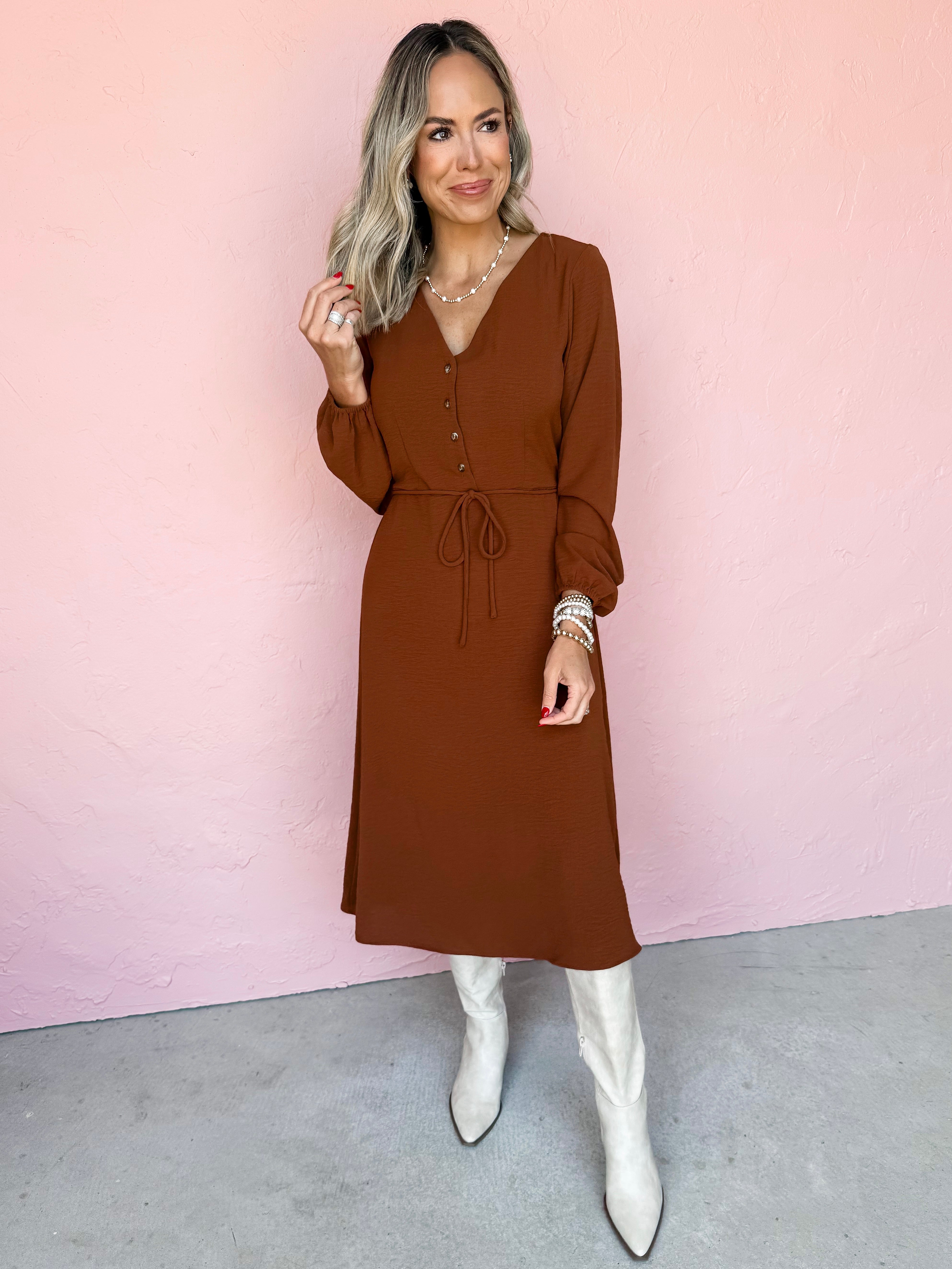 Harvest Whispers V Neck Midi Dress