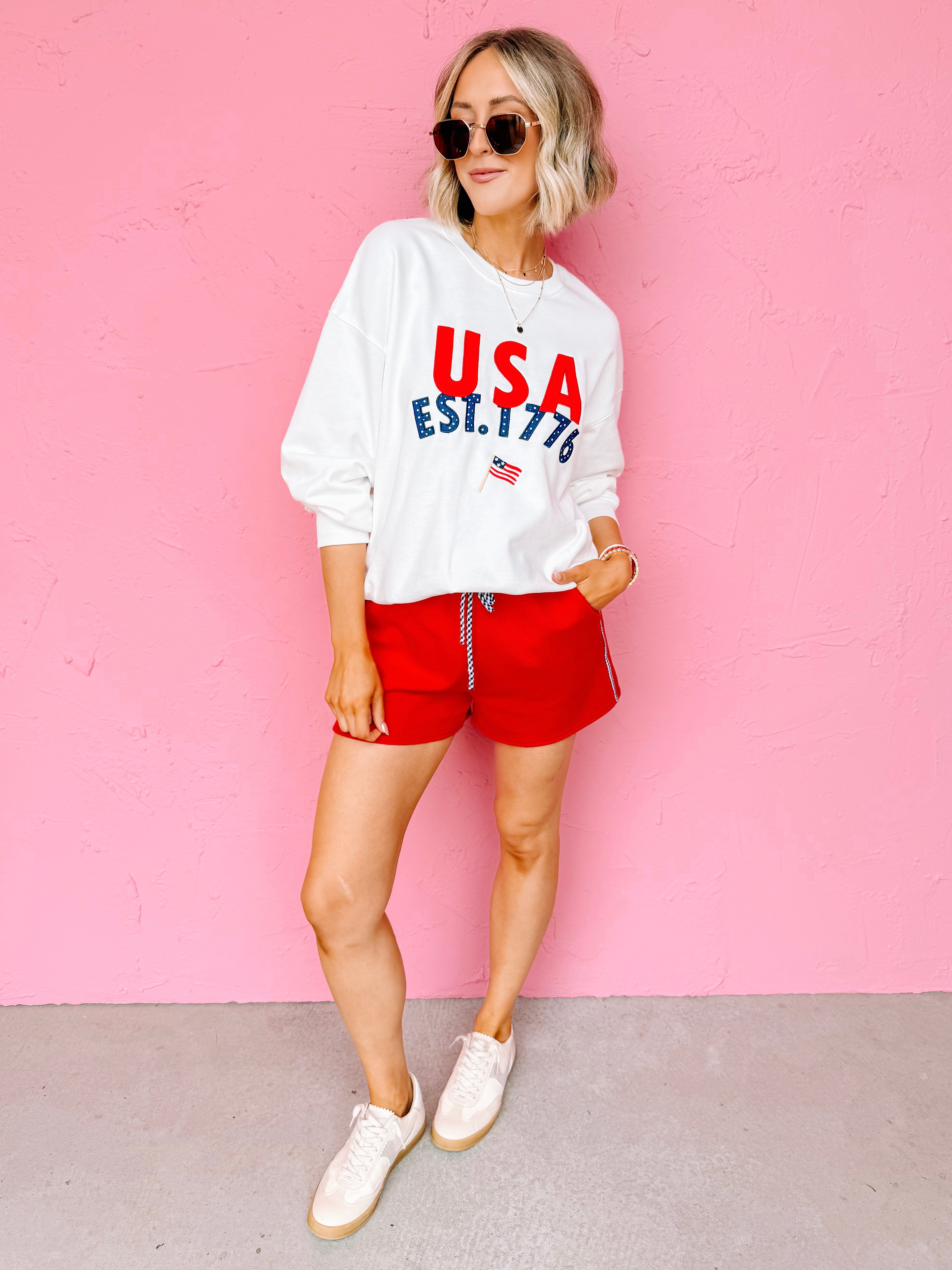 Heather Gingham Contrast Shorts-Red