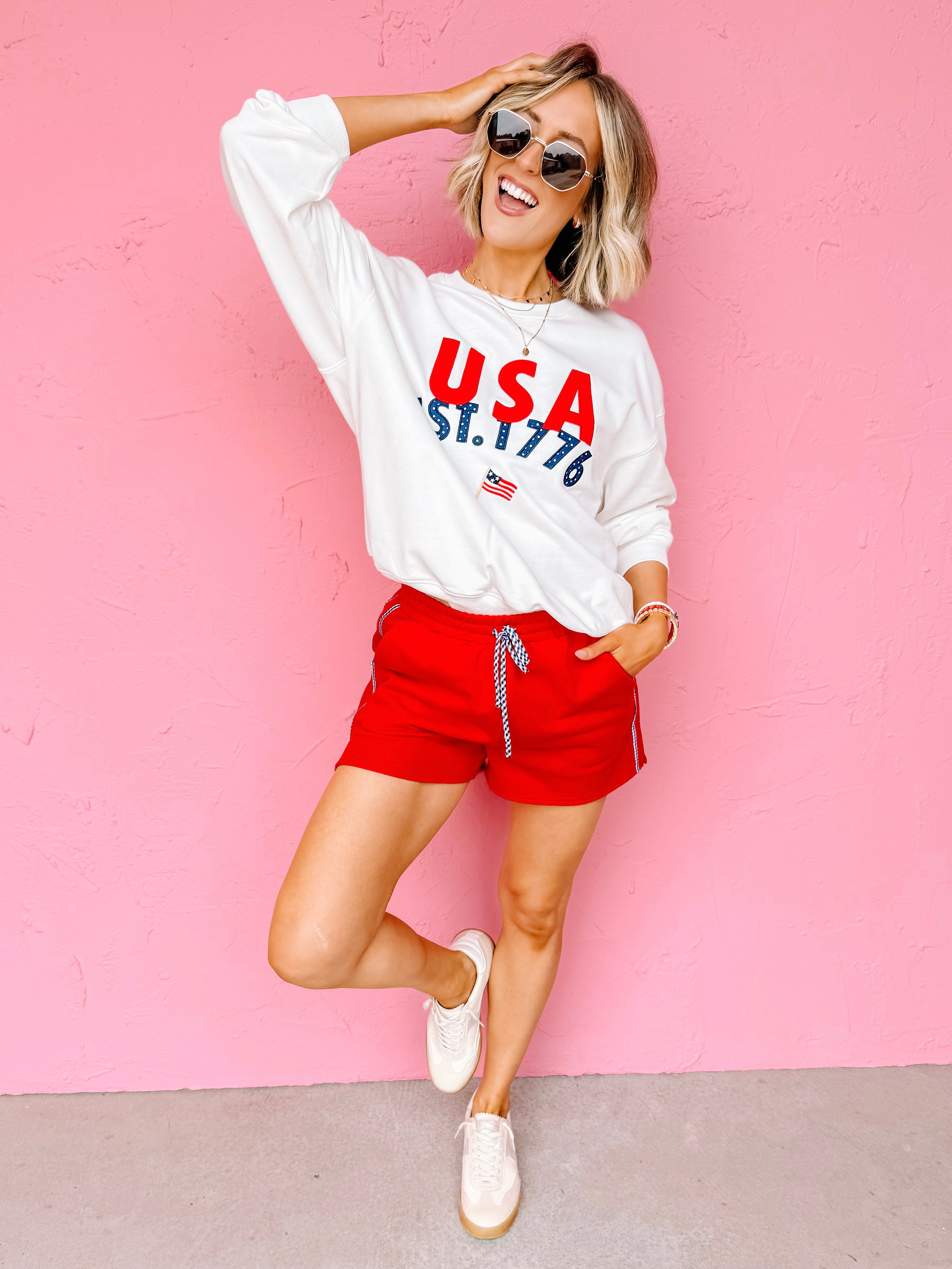 Heather Gingham Contrast Shorts-Red