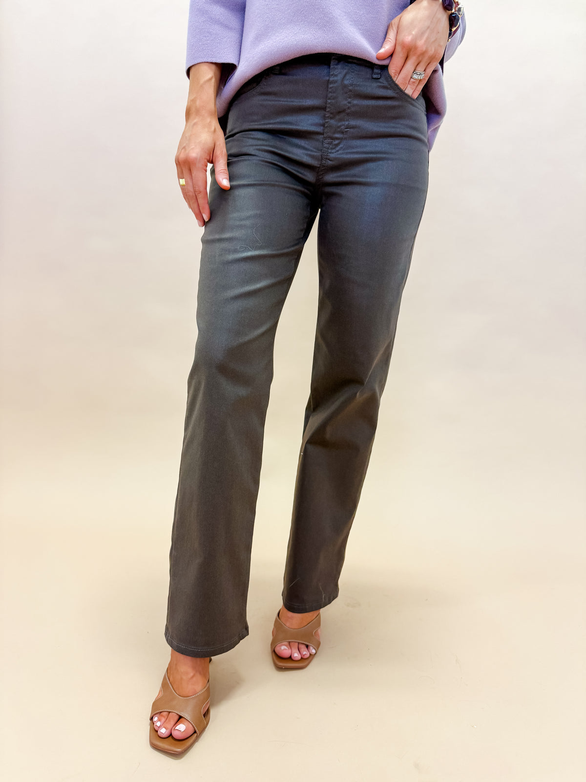 [Hidden] Ella High Rise Straight Jeans-Coated Brown