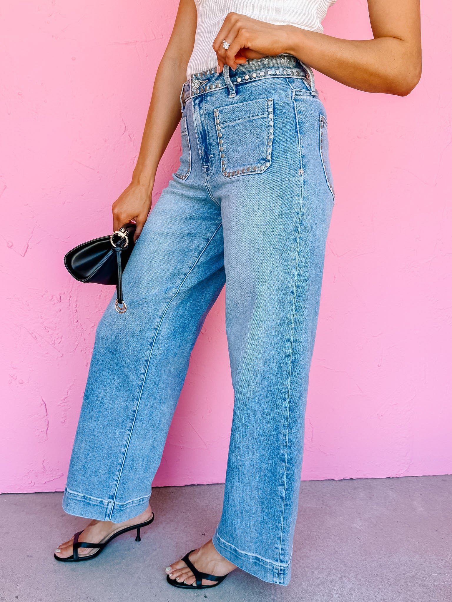 [Hidden] Nori Stud Pocket Detail High Rise Wide Leg