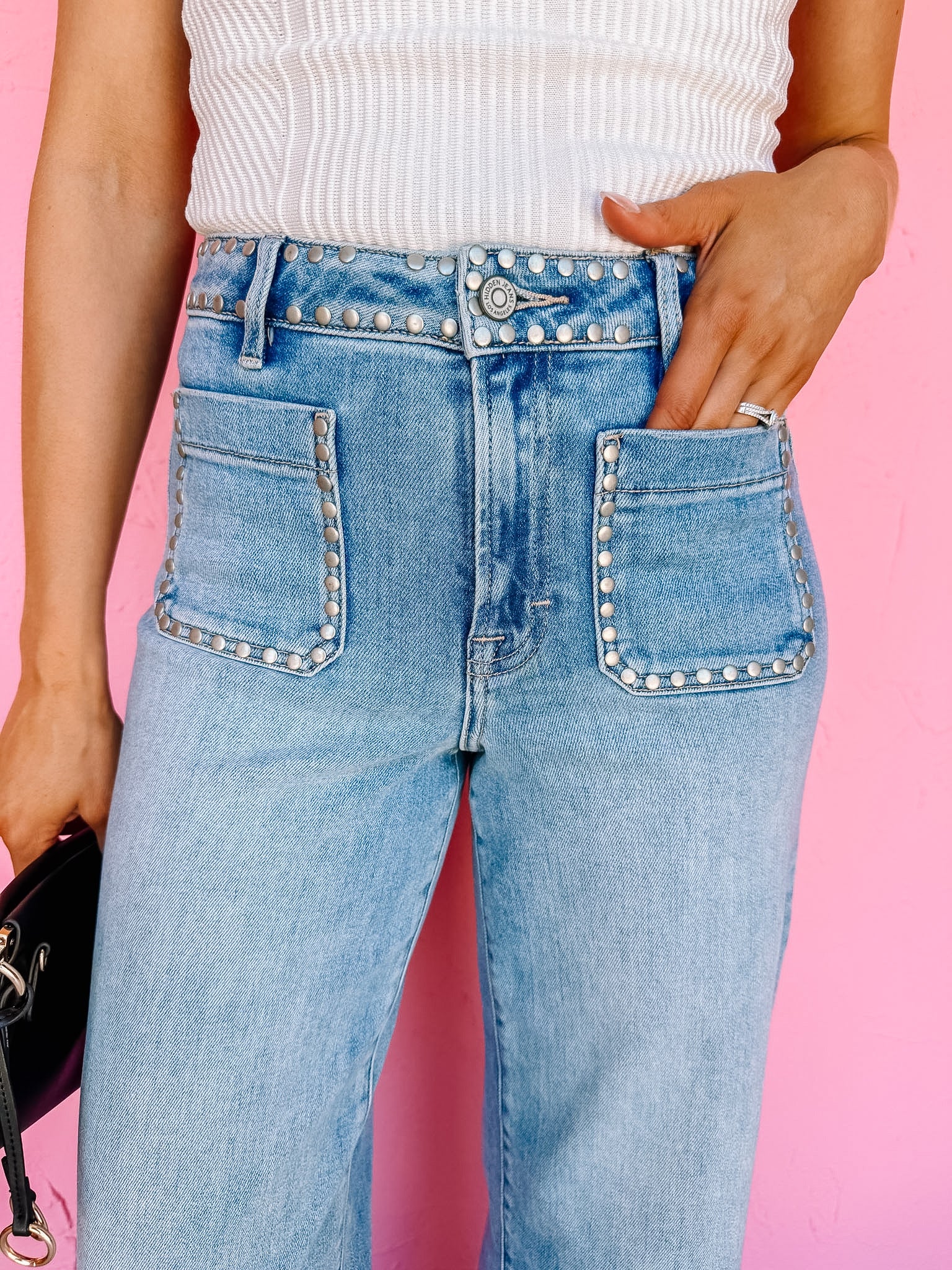 [Hidden] Nori Stud Pocket Detail High Rise Wide Leg